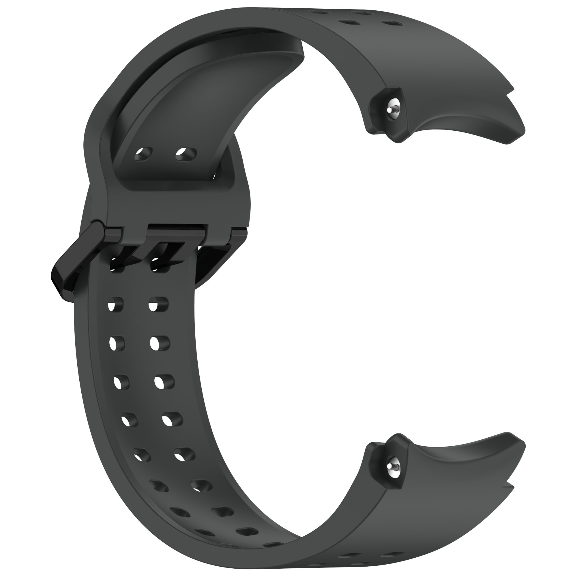 Dunkelgraues Uhrenarmband mit Löchern. Das Band hat einen Verschluss und ist gebogen.