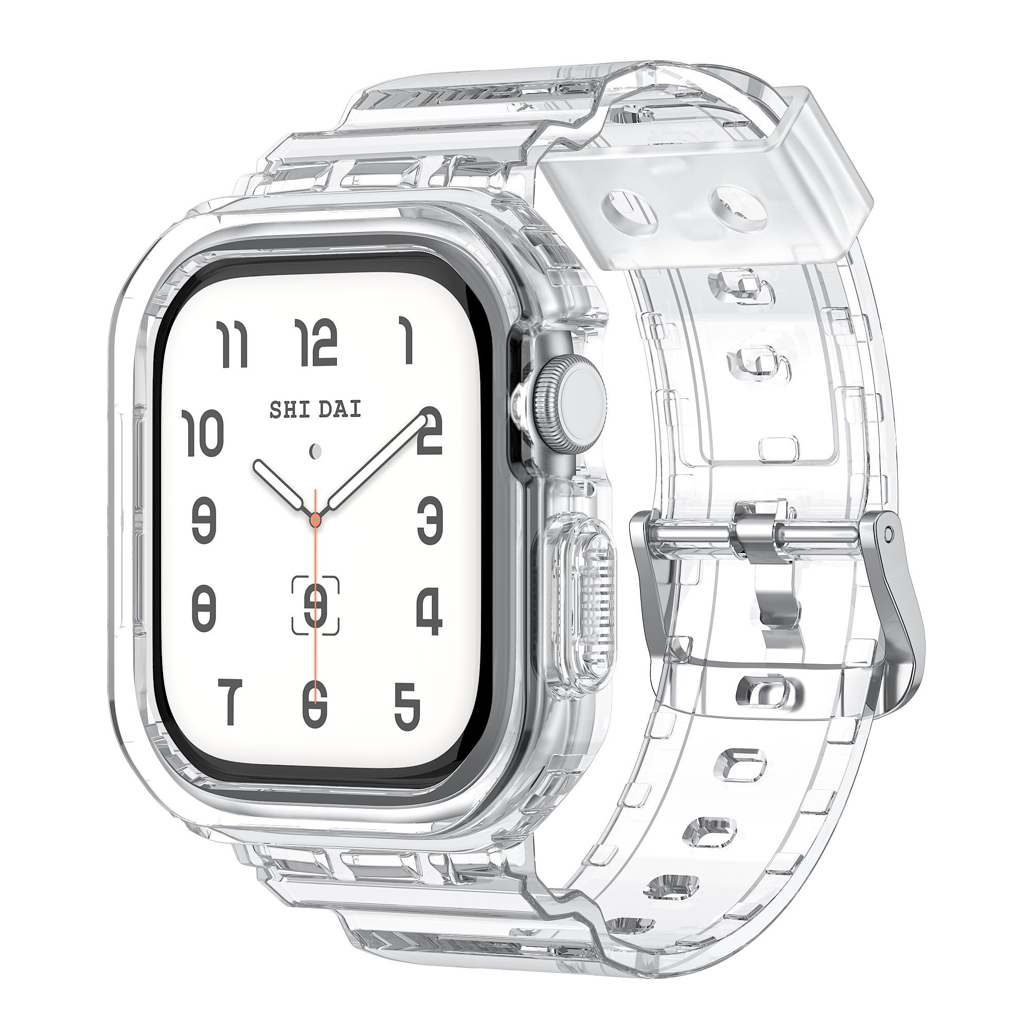 Eine klare, transparente Smartwatch mit transparentem Armband und weißem Zifferblatt, das die Zeit anzeigt.