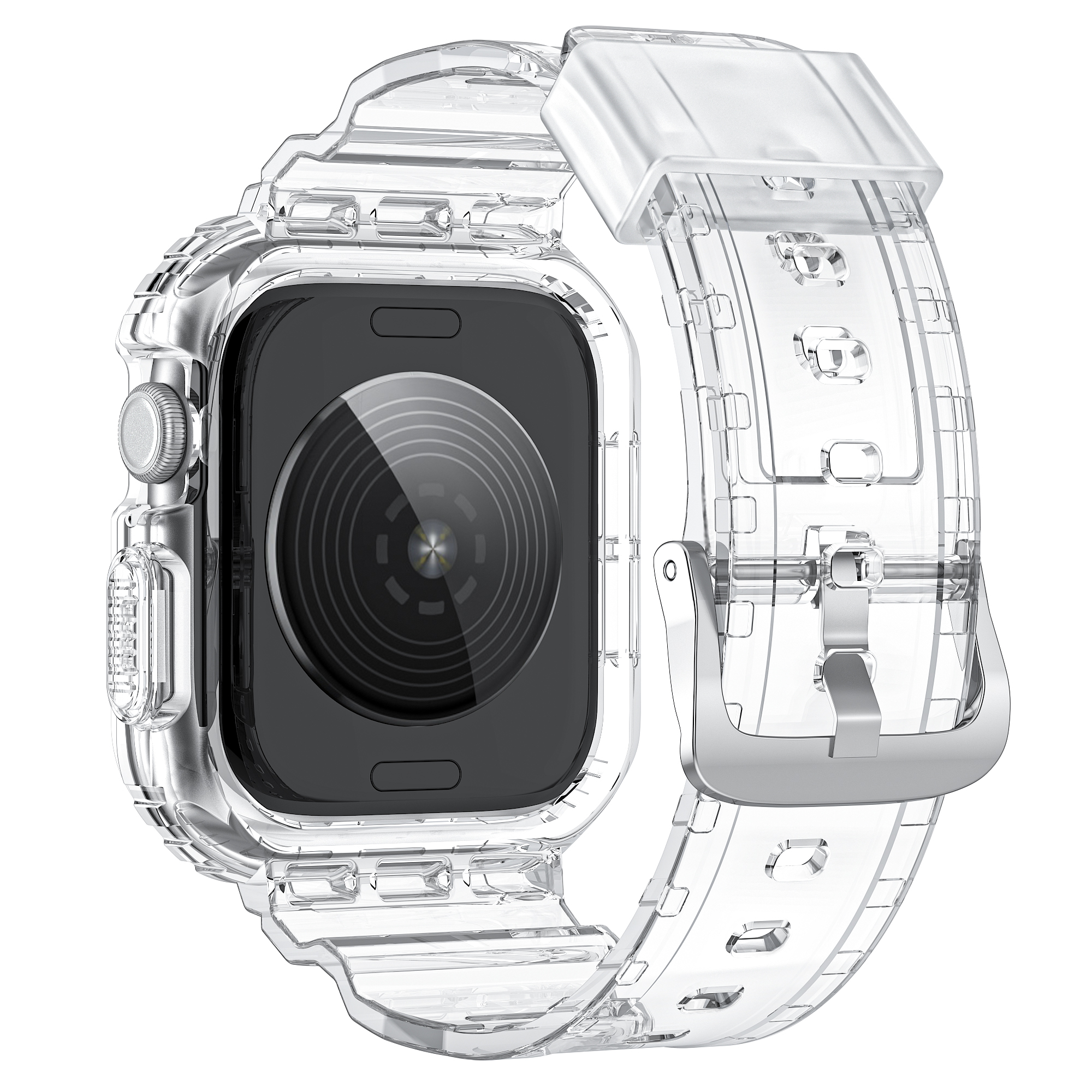 Transparente Smartwatch mit transparentem Gehäuse und Armband. Die Rückseite ist sichtbar.