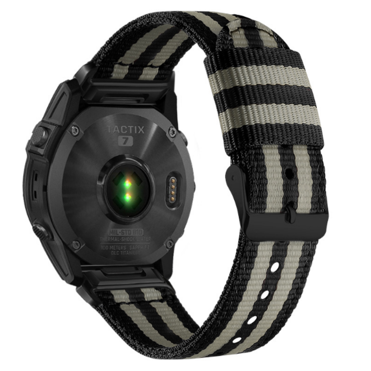 Schwarze Smartwatch-Rückseite mit grau-schwarz gestreiftem Band. Die Uhr zeigt den Herzfrequenzsensor.