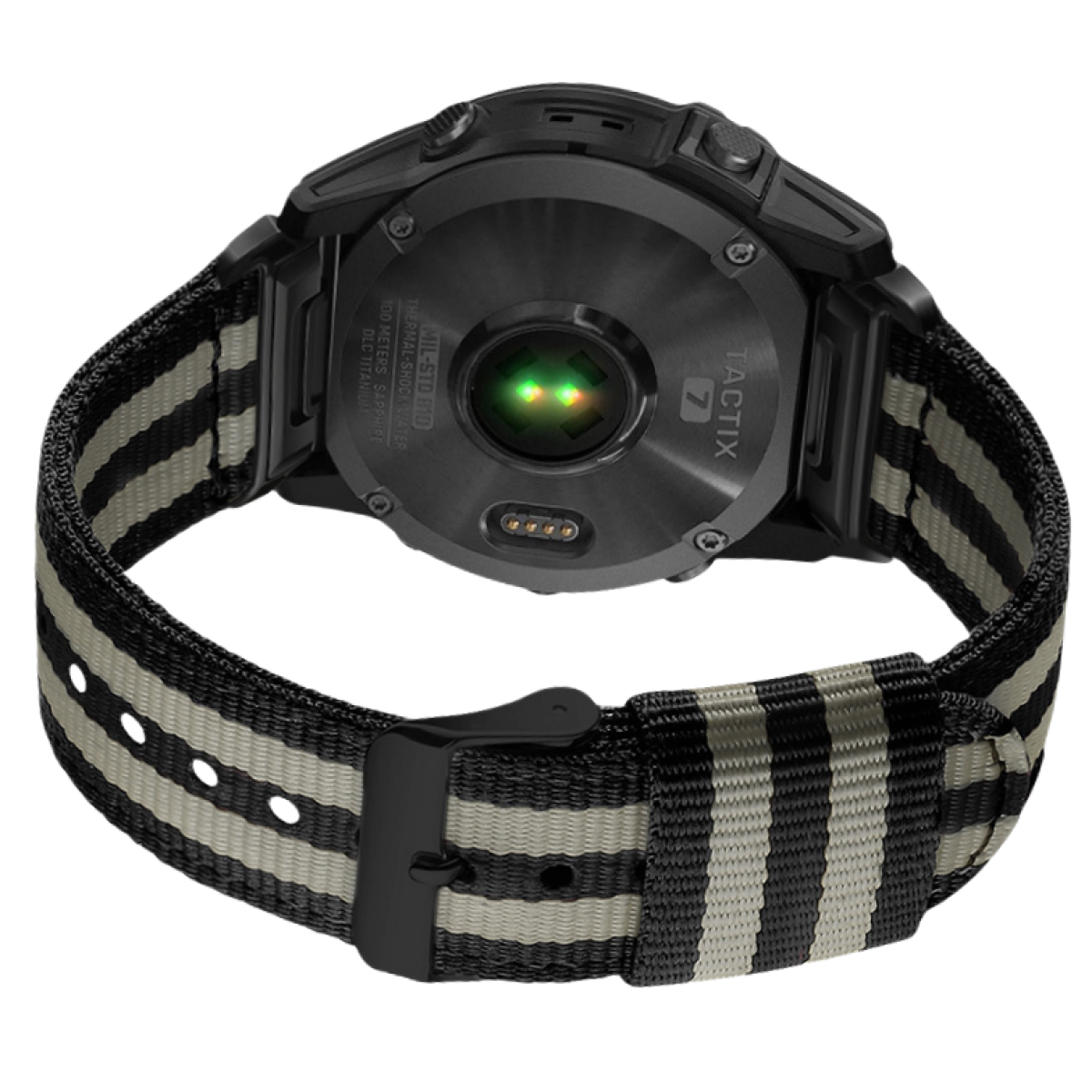 Schwarze Smartwatch mit gestreiftem Armband. Die Rückseite zeigt Sensoren und Details. Das Armband ist schwarz und grau.