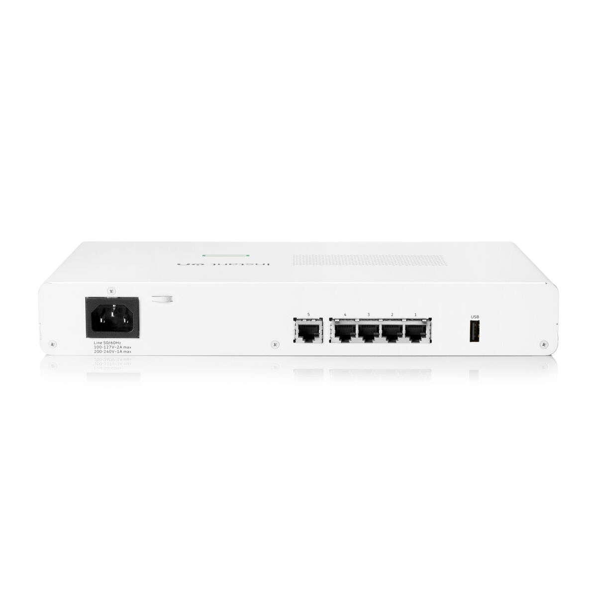 Weißes Netzwerkgerät. Die Rückseite zeigt Anschlüsse, einen Stromeingang und einen USB-Anschluss.