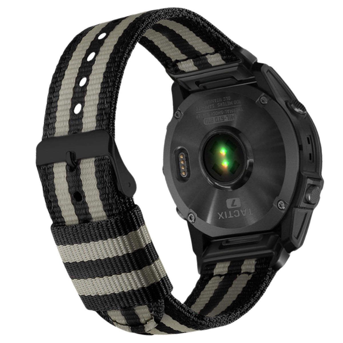 Schwarze Smartwatch mit gestreiftem Armband. Die Rückseite zeigt Sensoren und Details. Das Armband ist schwarz und grau.