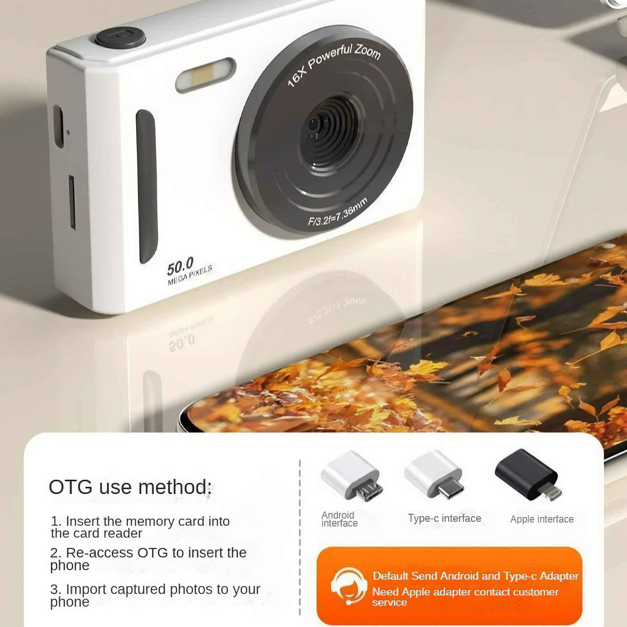 Weiße Kamera mit Bildschirm, Objektiv und Anweisungen zur OTG-Nutzung auf einem Smartphone.