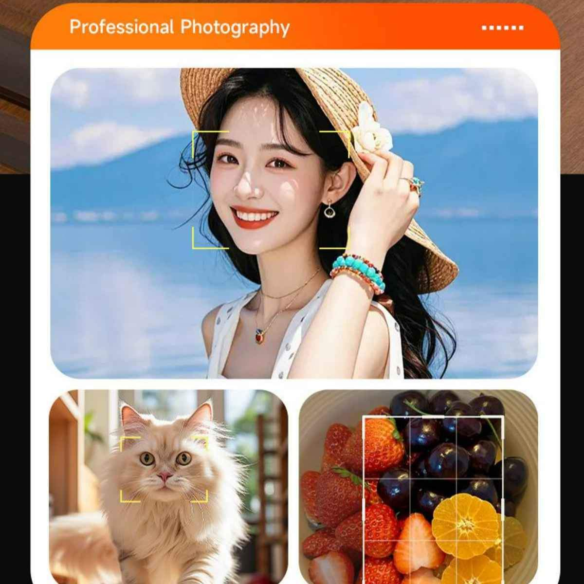 Frau mit Hut lächelnd, Katze und Lebensmittel. Zeigt Fokusrahmen für die Fotografie.