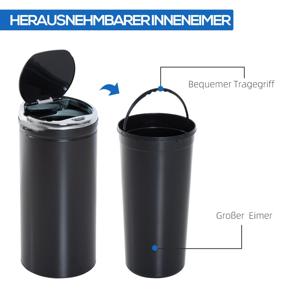 Schwarzer Mülleimer mit herausnehmbarem Inneneimer. Text beschriftet Griff und Eimer.