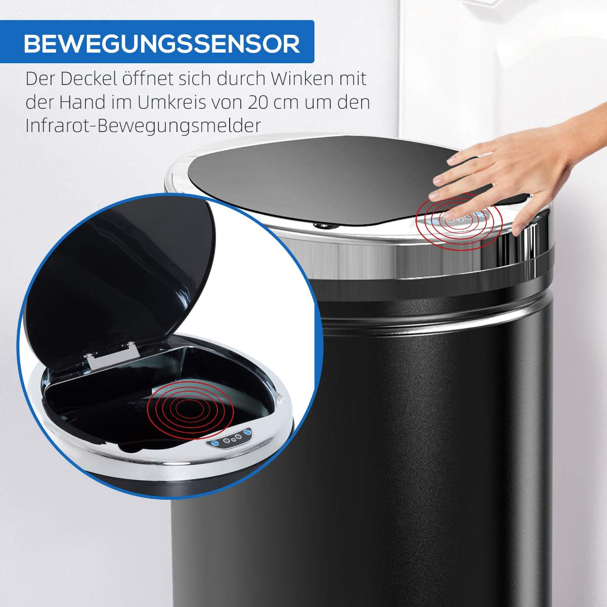 Schwarze Mülltonne mit Sensorring oben. Hand nähert sich dem Deckel und aktiviert den Sensor.