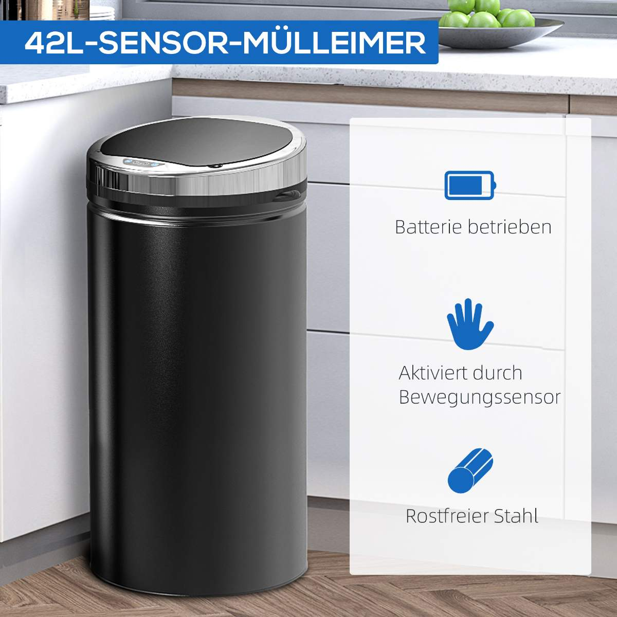 Schwarzer Mülleimer mit silbernem Deckel. Er hat Batterie-, Hand- und Edelstahl-Icons.