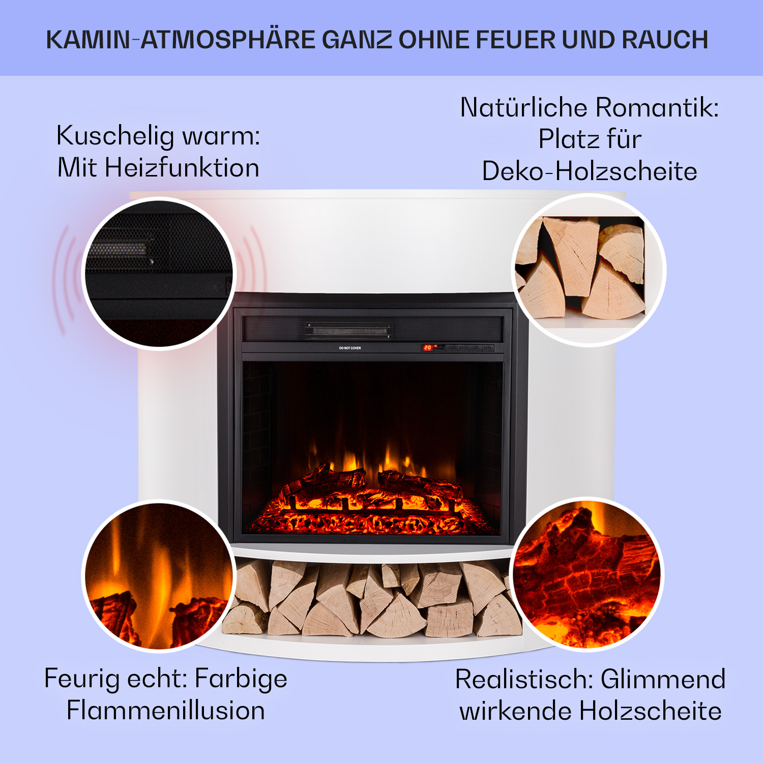 Ein weißer Elektrokamin mit schwarzer Front und Feuerdarstellung, darunter Holzscheite. Text auf Deutsch.