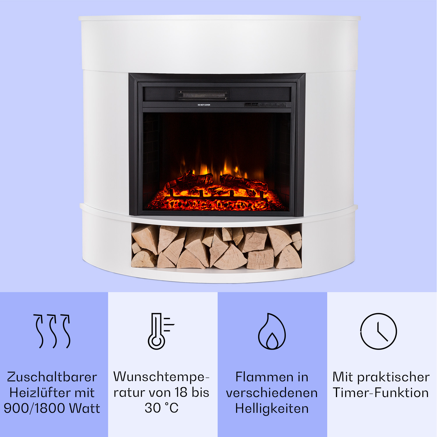 Ein weißer Elektrokamin mit schwarzer Front. Der Kamin hat eine Feuerdarstellung und Holzscheite darunter. Text auf Deutsch.