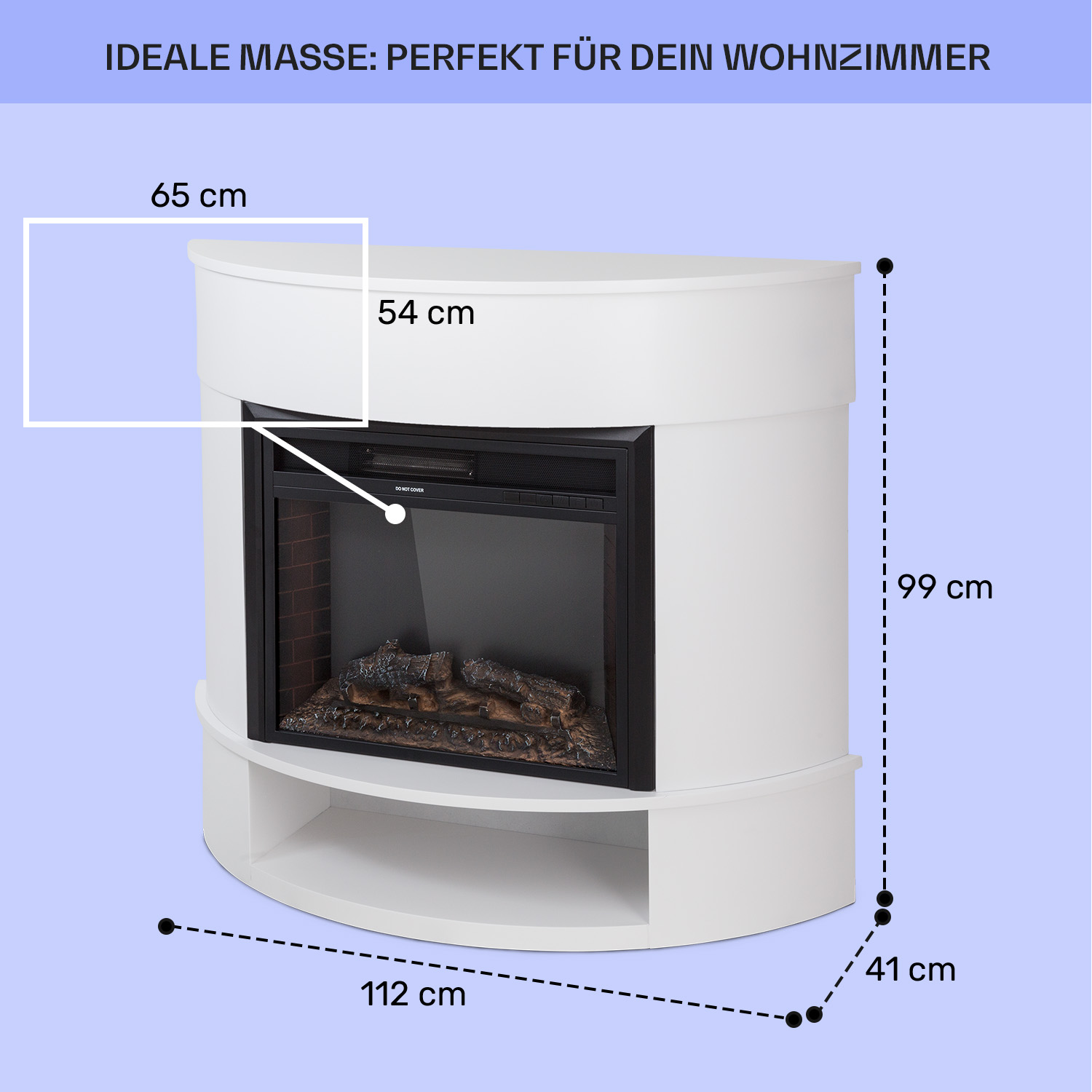 Weißer Elektrokamin. Abmessungen sind angegeben. Schwarzer Feuerraum mit künstlichen Holzscheiten.