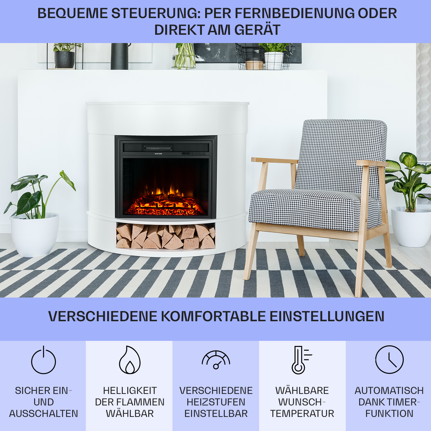 Weißer Kamin mit Flammen, Stuhl und Pflanzen. Text über Einstellungen.