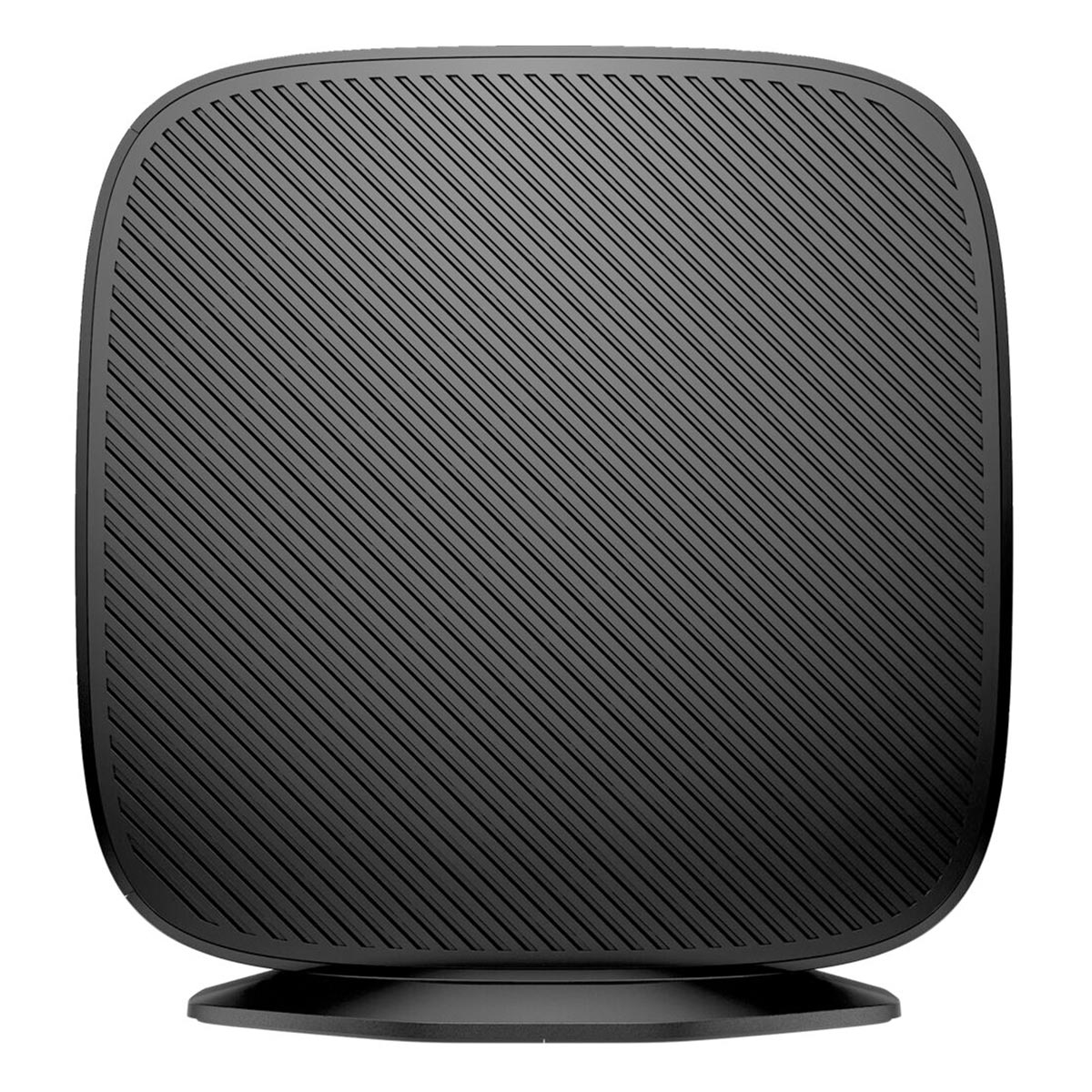 Czarny komputer z ukośnymi liniami na podstawie, na białym tle.