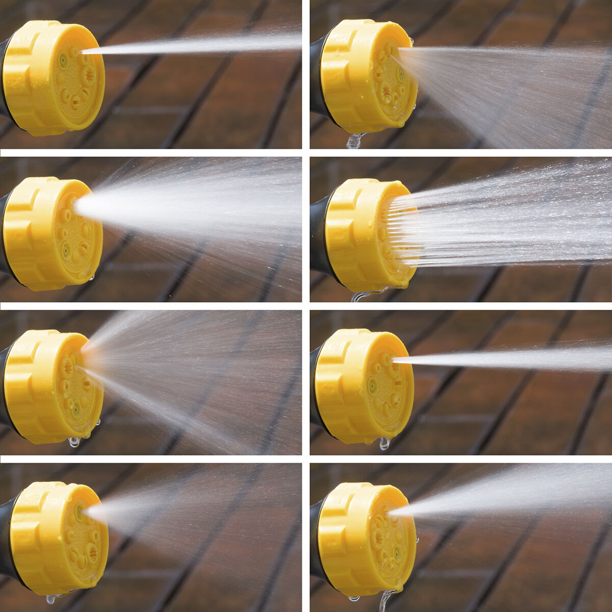 Acht Nahaufnahmen eines gelben Wassersprühers, die verschiedene Sprühmuster zeigen.
