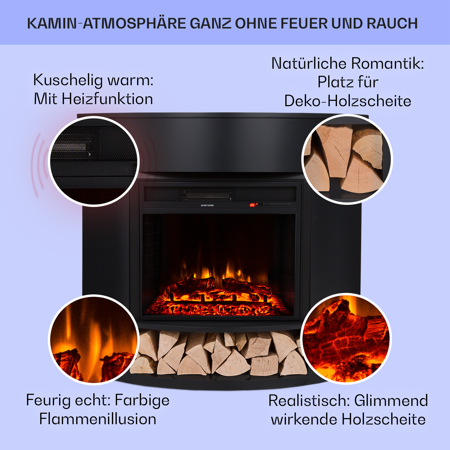 Ein schwarzer Elektrokamin mit Holzscheiten und Flammeneffekten, Text über Funktionen.