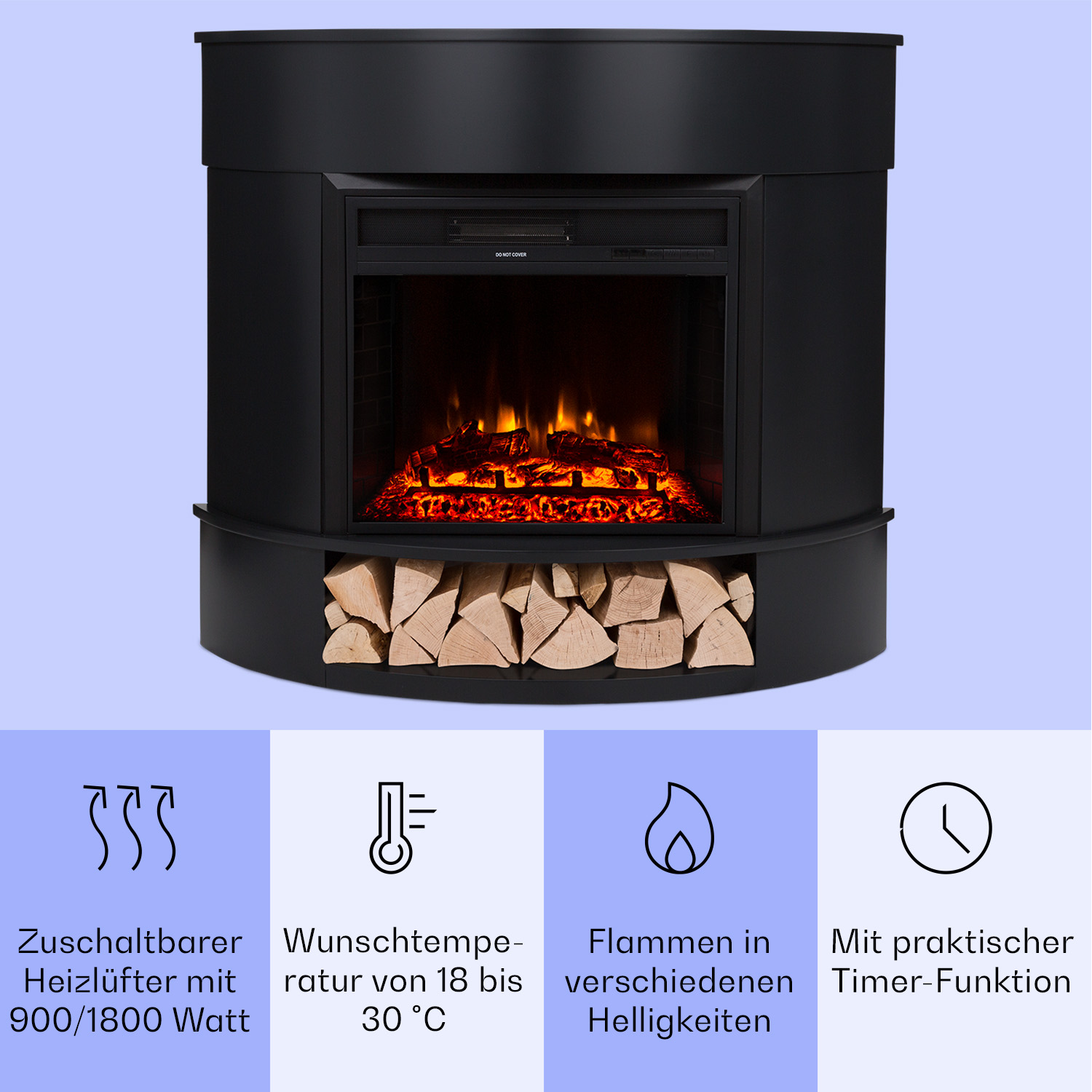 Ein schwarzer Elektrokamin mit Flammeneffekt und einem Bereich für Holzscheite, mit Text.