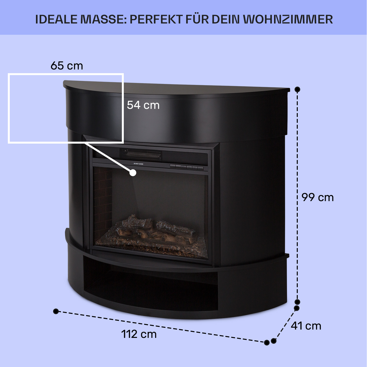 Ein schwarzer, halbkreisförmiger elektrischer Kamin mit überlagerten Abmessungen, vor einem blauen Hintergrund.
