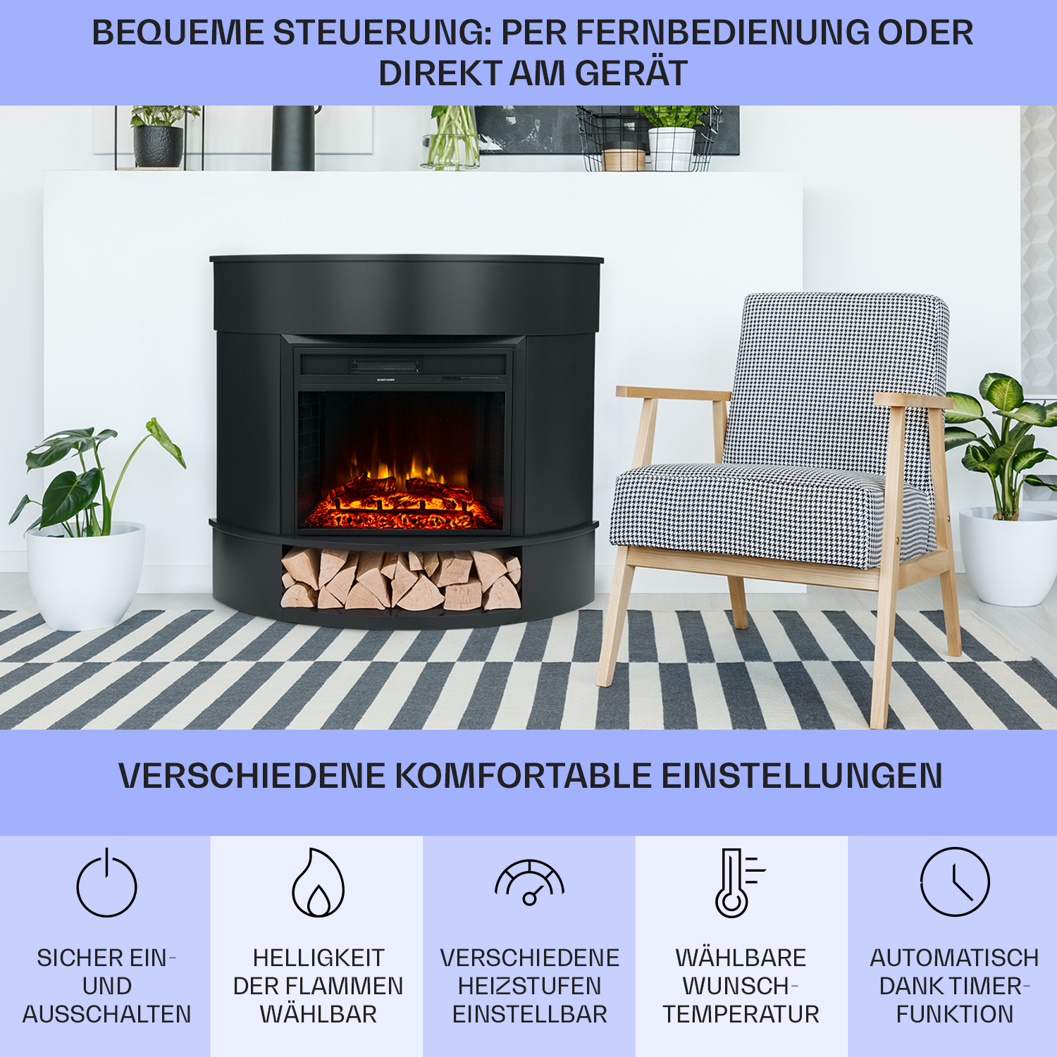Ein schwarzer Elektrokamin mit Flammeneffekt, neben einem gemusterten Stuhl und Pflanzen.