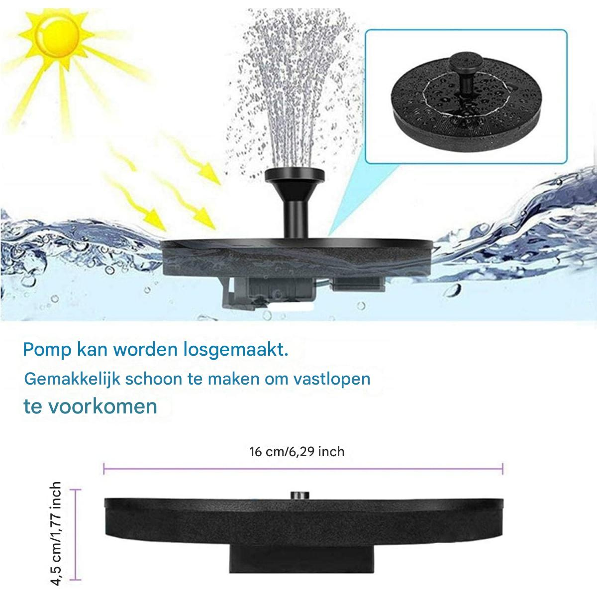 Eine schwarze Solarfontäne schwimmt auf dem Wasser und sprüht Wasser. Eine gelbe Sonne scheint darüber.