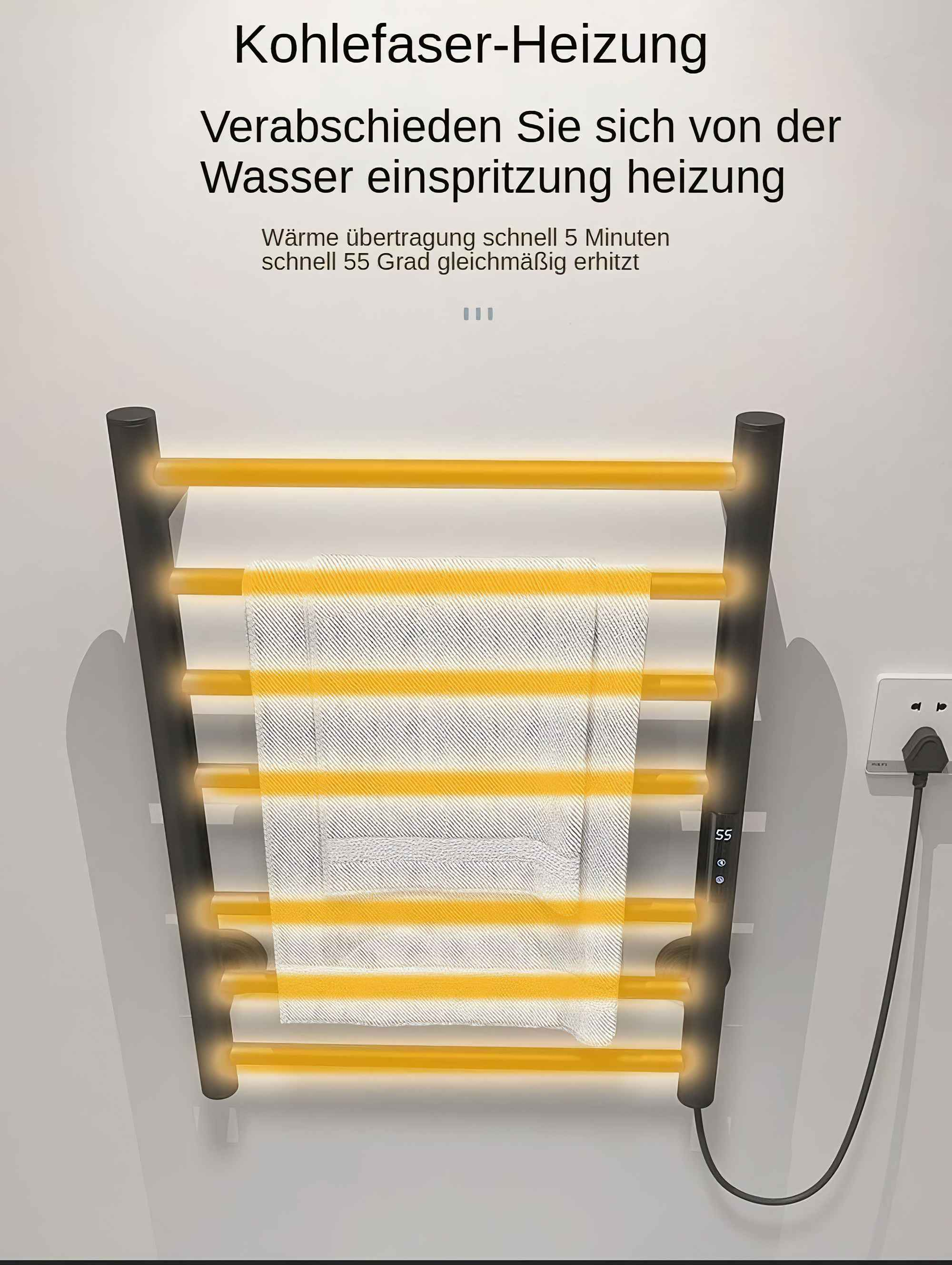 Ein schwarzer Handtuchwärmer mit einem weißen Handtuch, das orangefarben vor Hitze leuchtet.