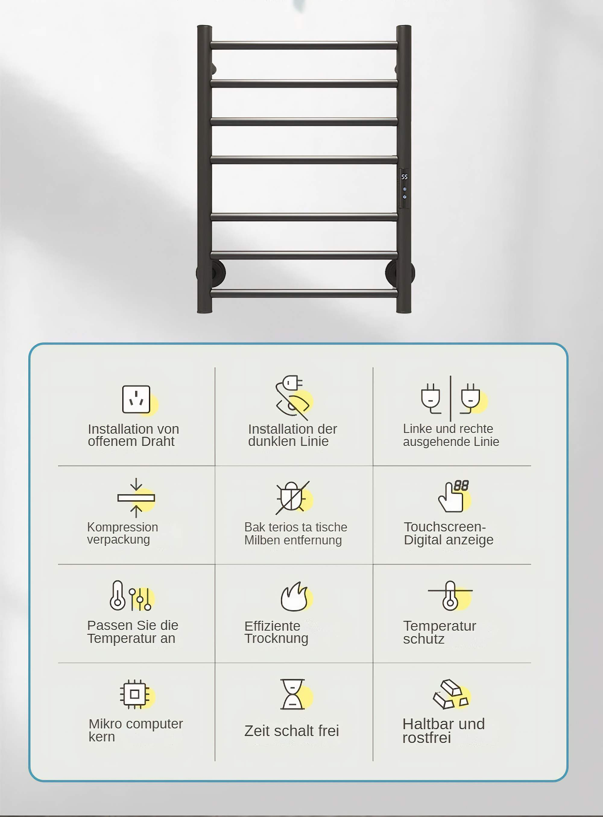 Diagramm eines schwarzen Handtuchwärmers mit Symbolen, die Funktionen und Vorteile beschreiben.