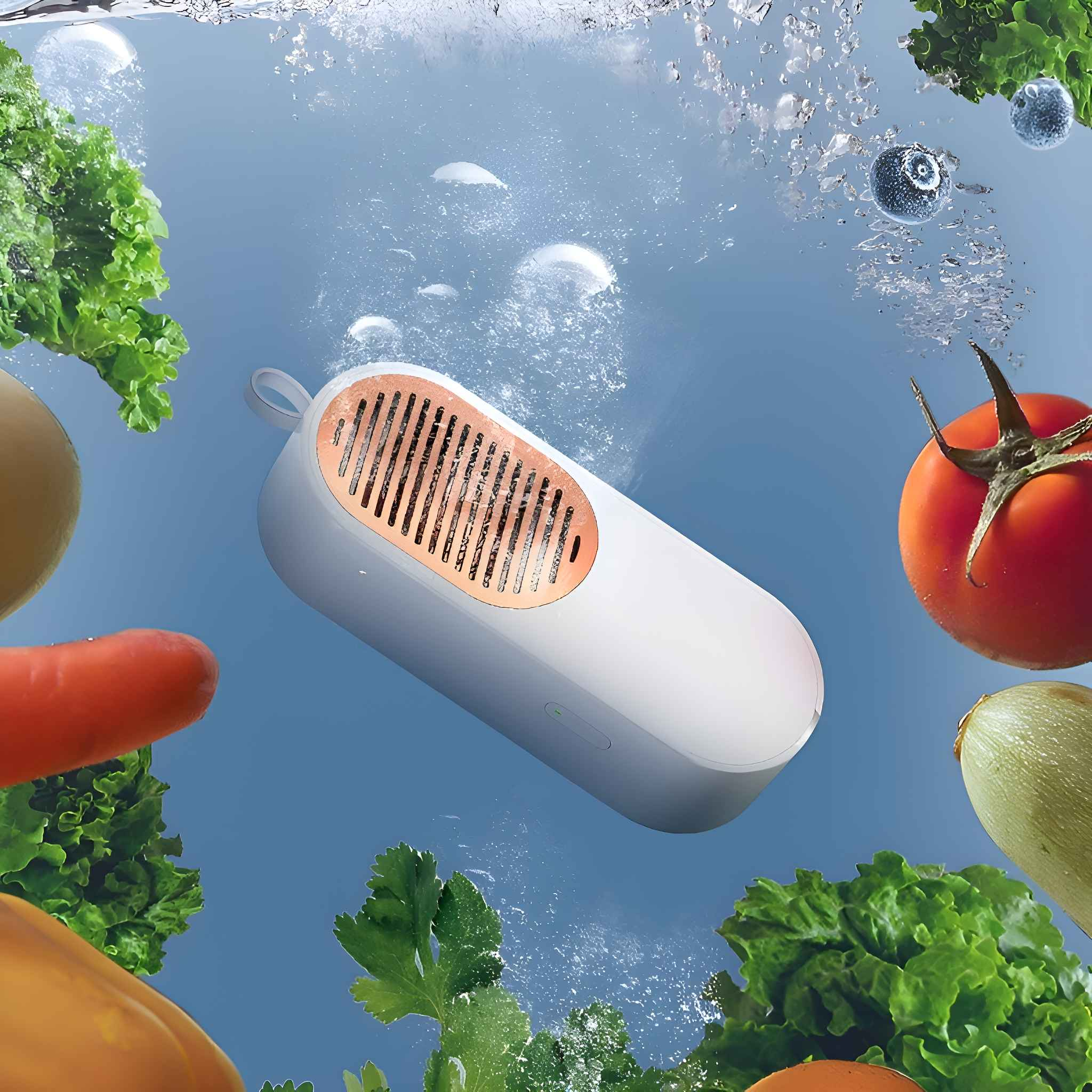 Ein Gerät, umgeben von Gemüse und Wasser, wird zum Waschen verwendet.