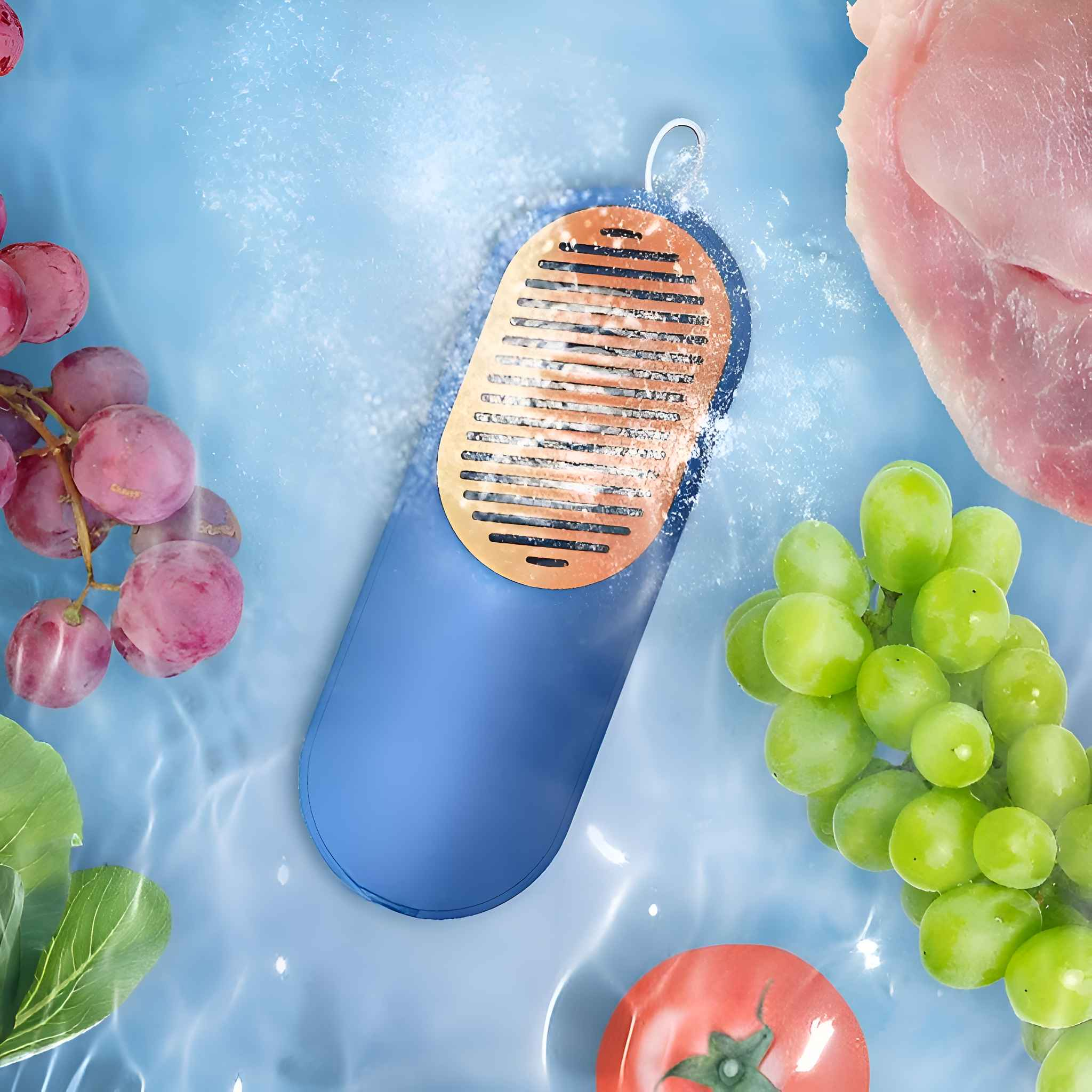 Blaues Gerät mit Lebensmitteln im Wasser: Trauben, Tomate, Fleisch.
