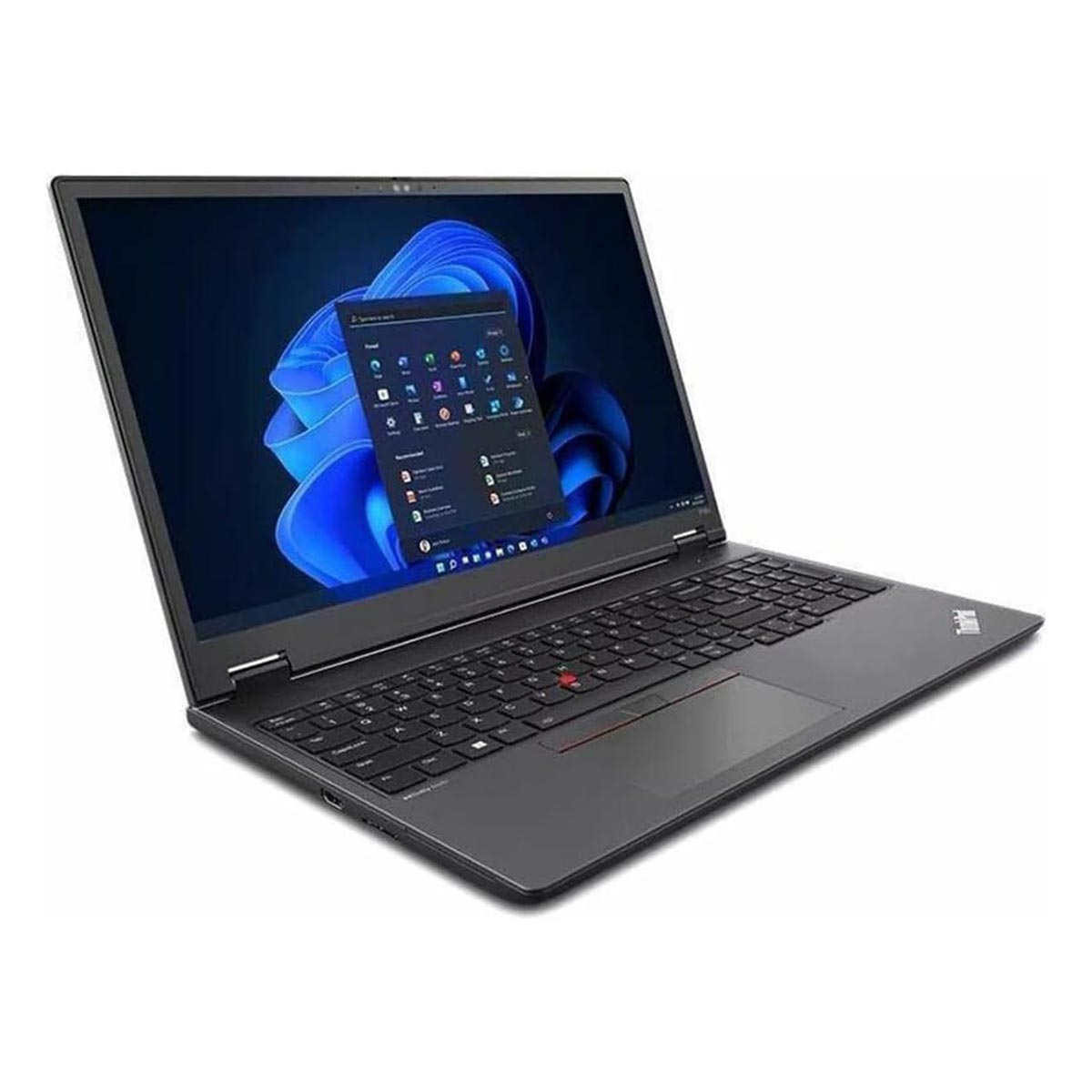 Czarny laptop pokazujący interfejs Windows. Białe tło.