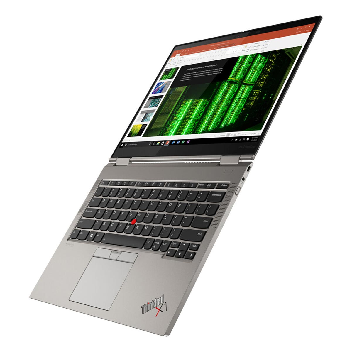 Laptop na białym tle. Ekran pokazuje wykresy. Klawiatura i touchpad widoczne. Schemat kolorów srebrny i czarny.