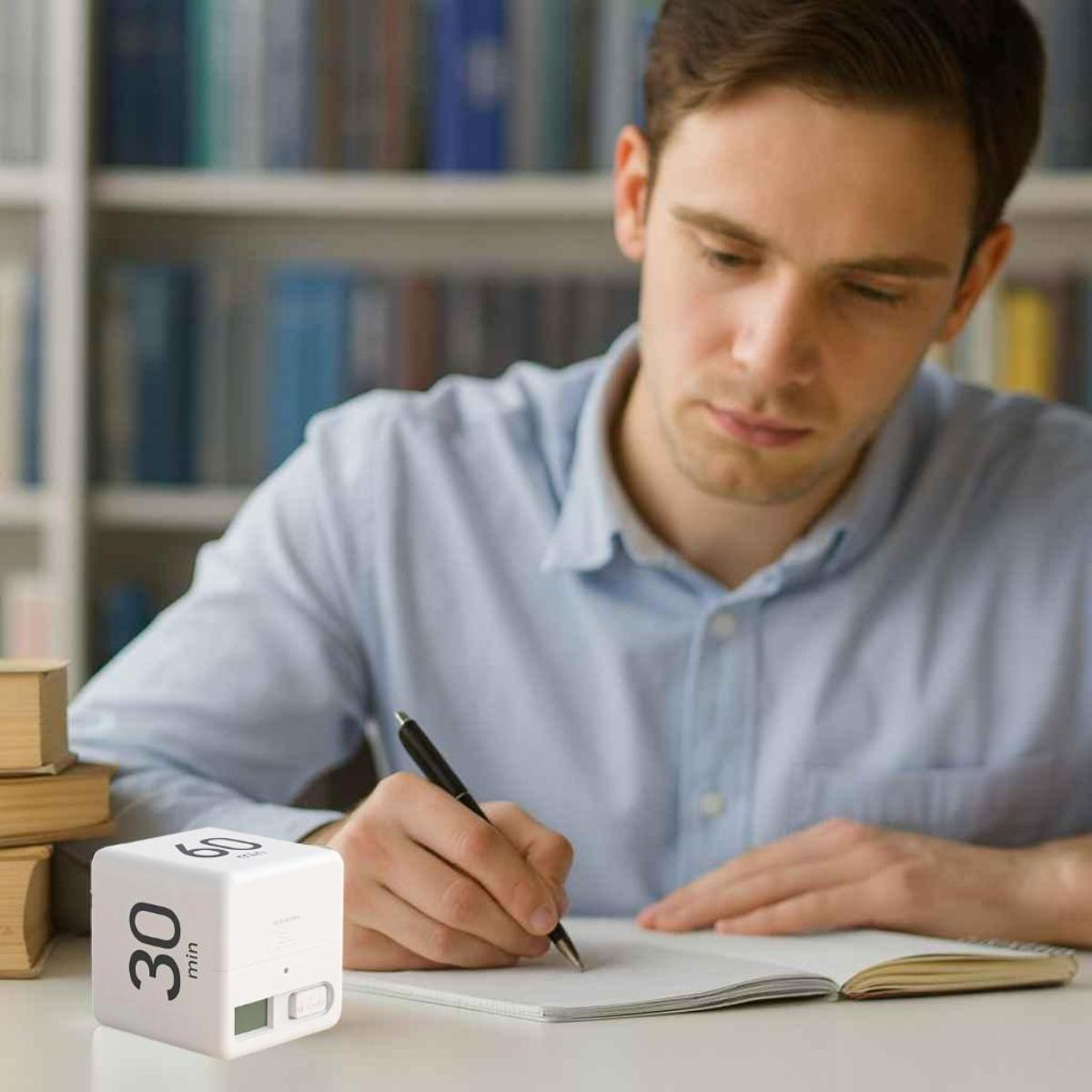 Ein Mann schreibt in ein Notizbuch neben einem weißen Timer-Würfel. Bücherregal im Hintergrund.