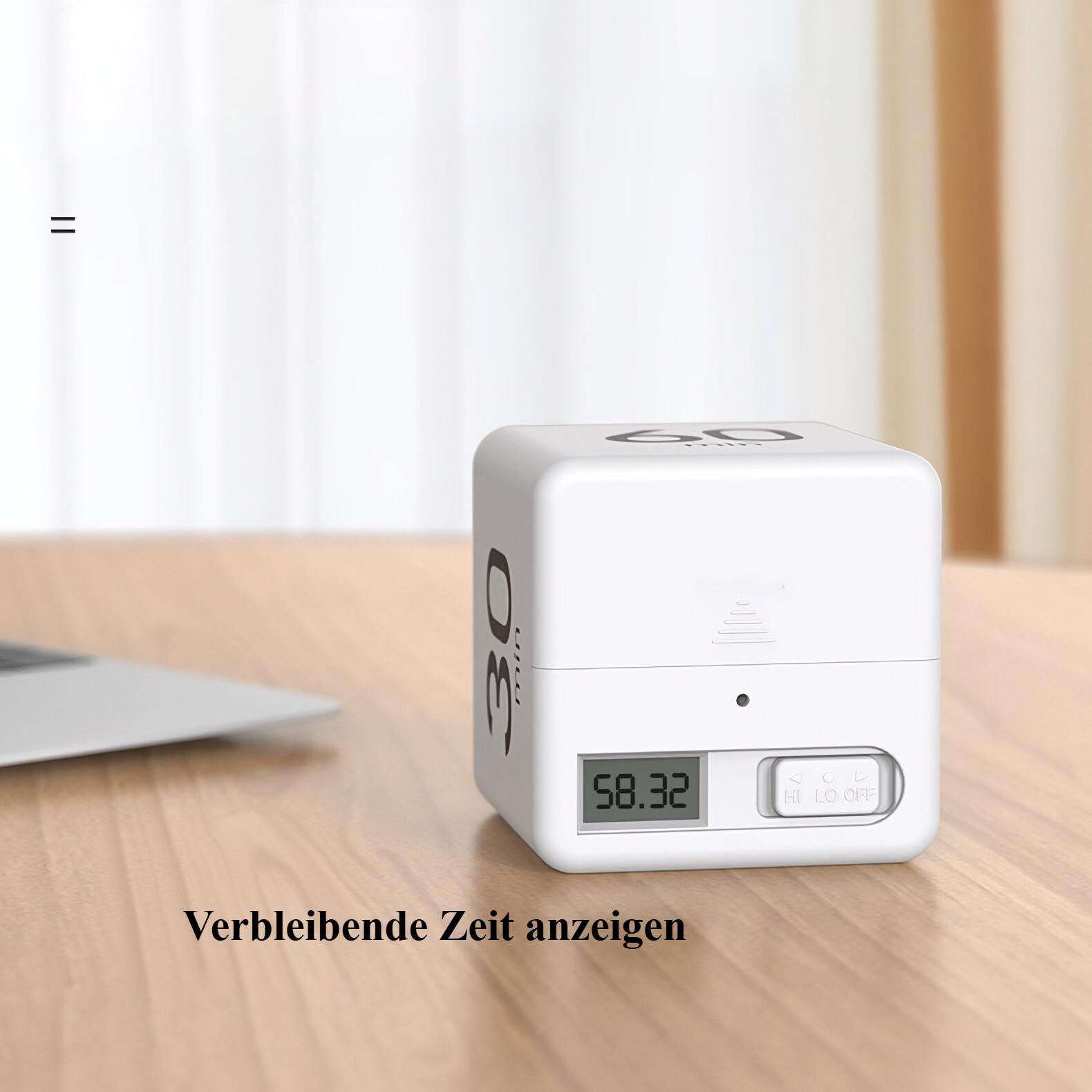 Weißer Timer mit Anzeige 58.32, Knöpfen und dem Text '60'.