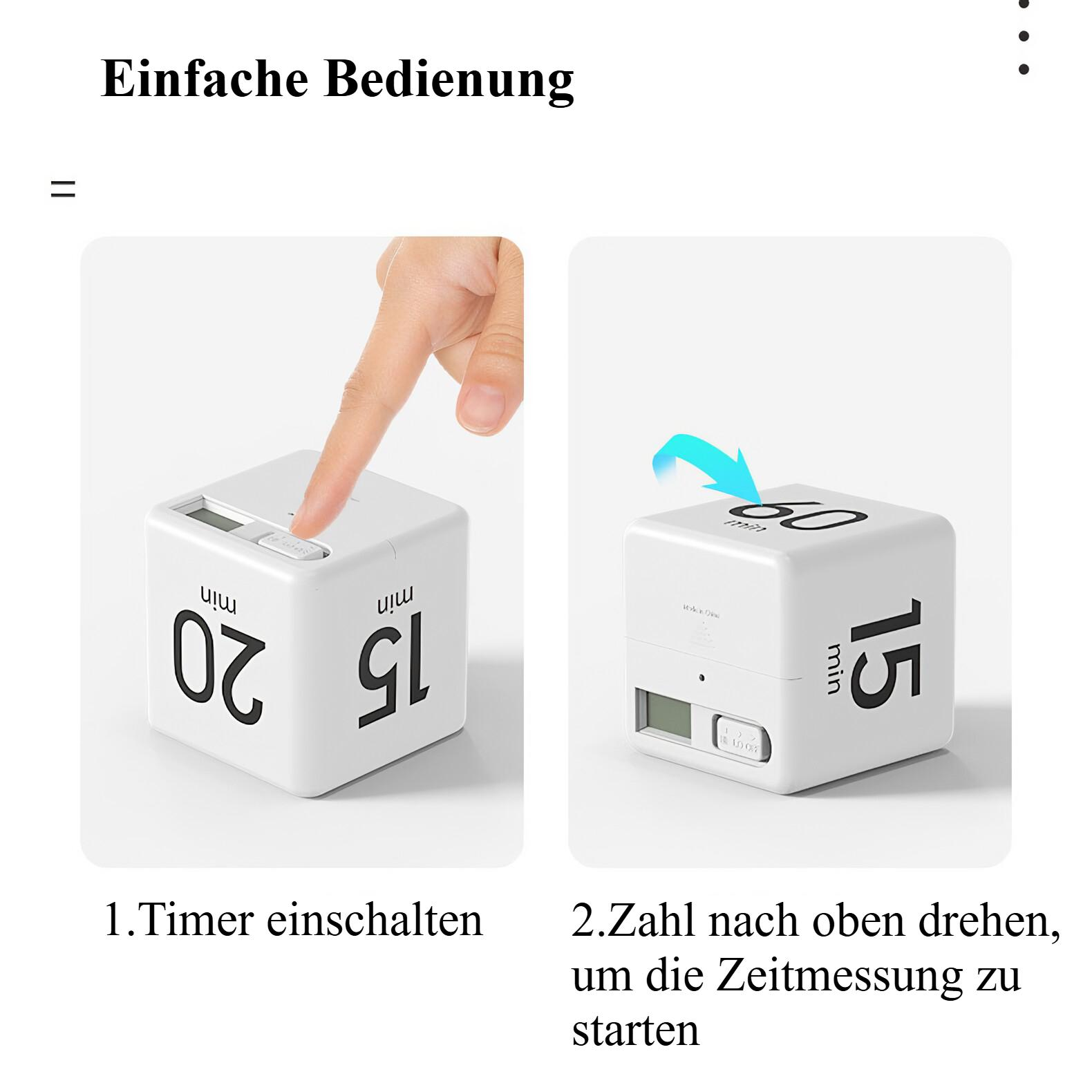 Eine Hand drückt eine Taste auf einem weißen Würfel-Timer. Der Würfel zeigt 20 Min. und dann 15 Min.
