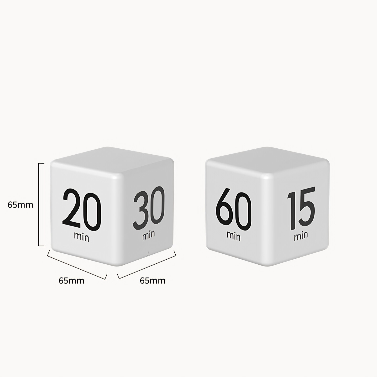 Zwei weiße Würfel mit schwarzen Zahlen. Einer hat 20 und 30, der andere 60 und 15, vor weißem Hintergrund.