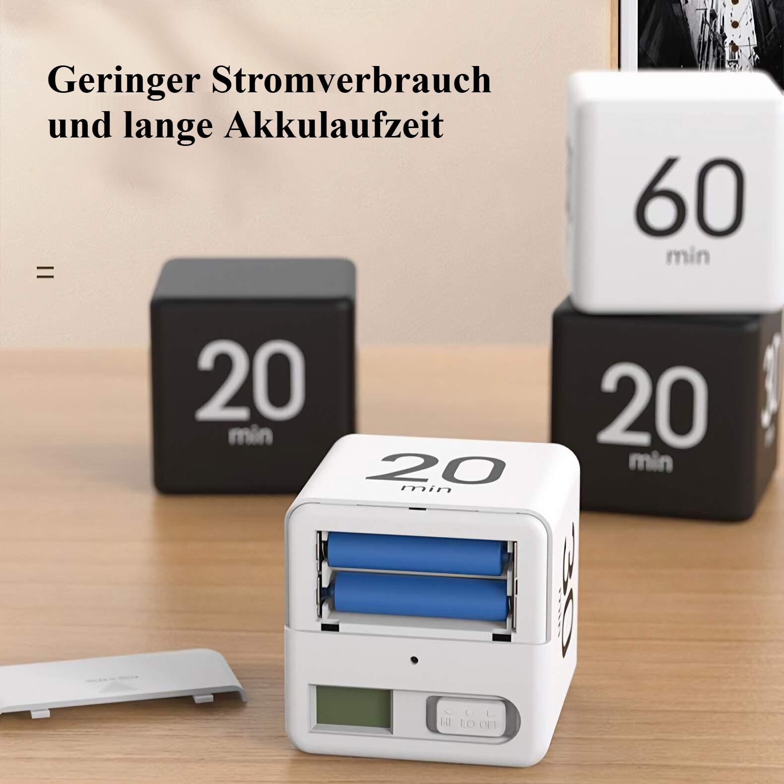 Mehrere Timer sind abgebildet. Einer mit geöffneten Batterien, andere mit Zahlen. Text oben lautet: 'Gerin... Akkulaufzeit'.