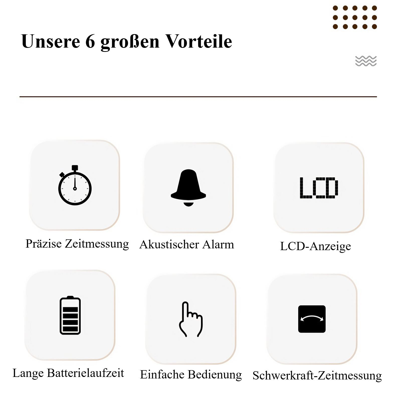Ein weißer Hintergrund mit sechs Symbolen. Sie stellen eine Stoppuhr, eine Glocke, ein LCD, eine Batterie, eine Hand und einen sich drehenden Pfeil dar.