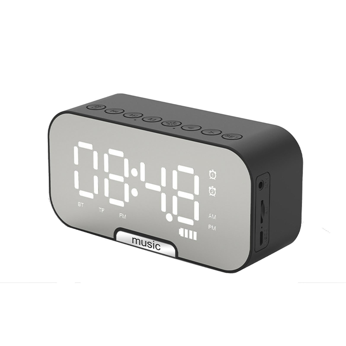 Ein schwarz-silbernes Radiowecker mit Display und Knöpfen, zeigt 08:48 an.