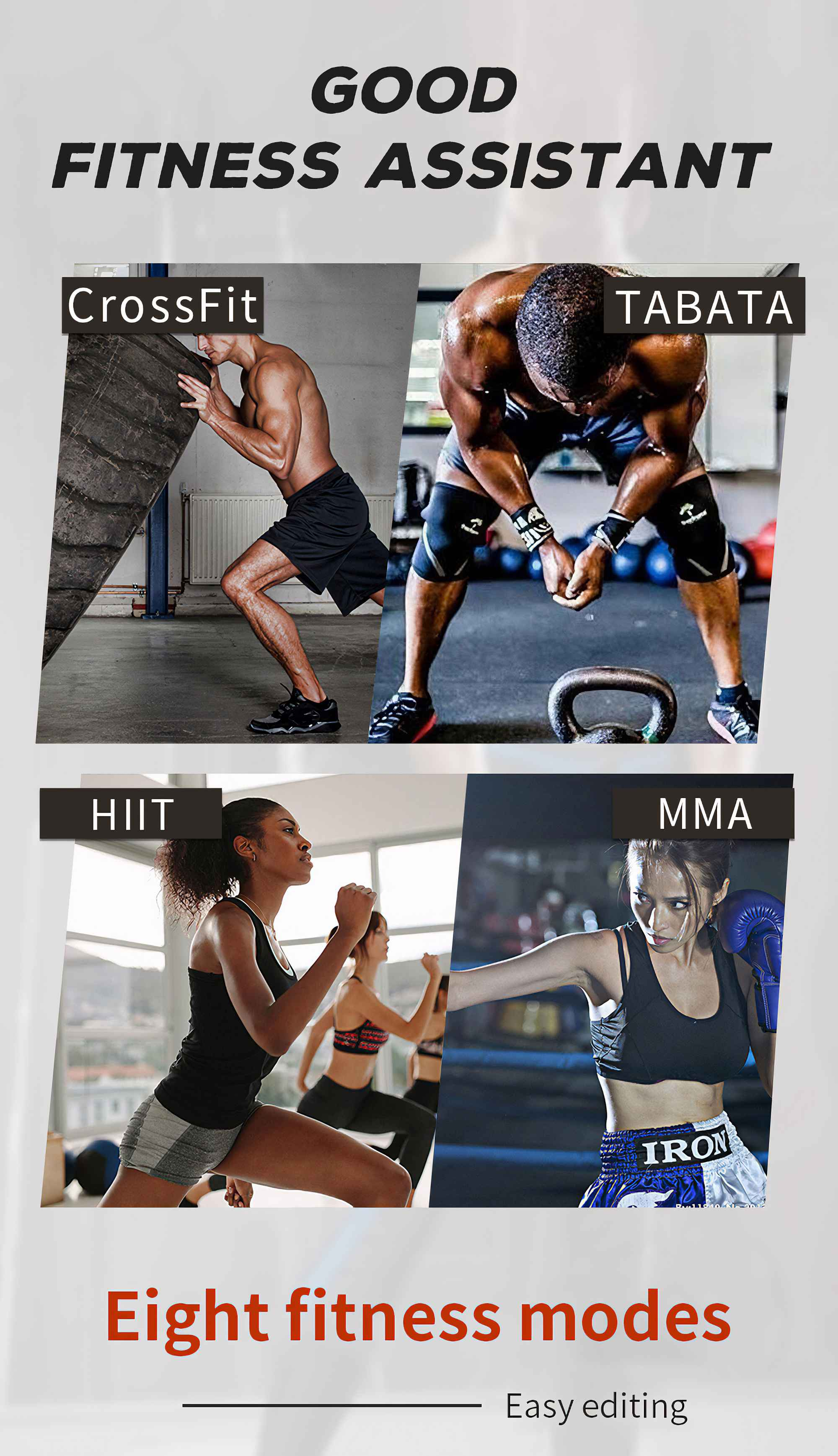 Ein Bild mit vier Fitnessmodi: CrossFit, Tabata, HIIT und MMA mit Personen.