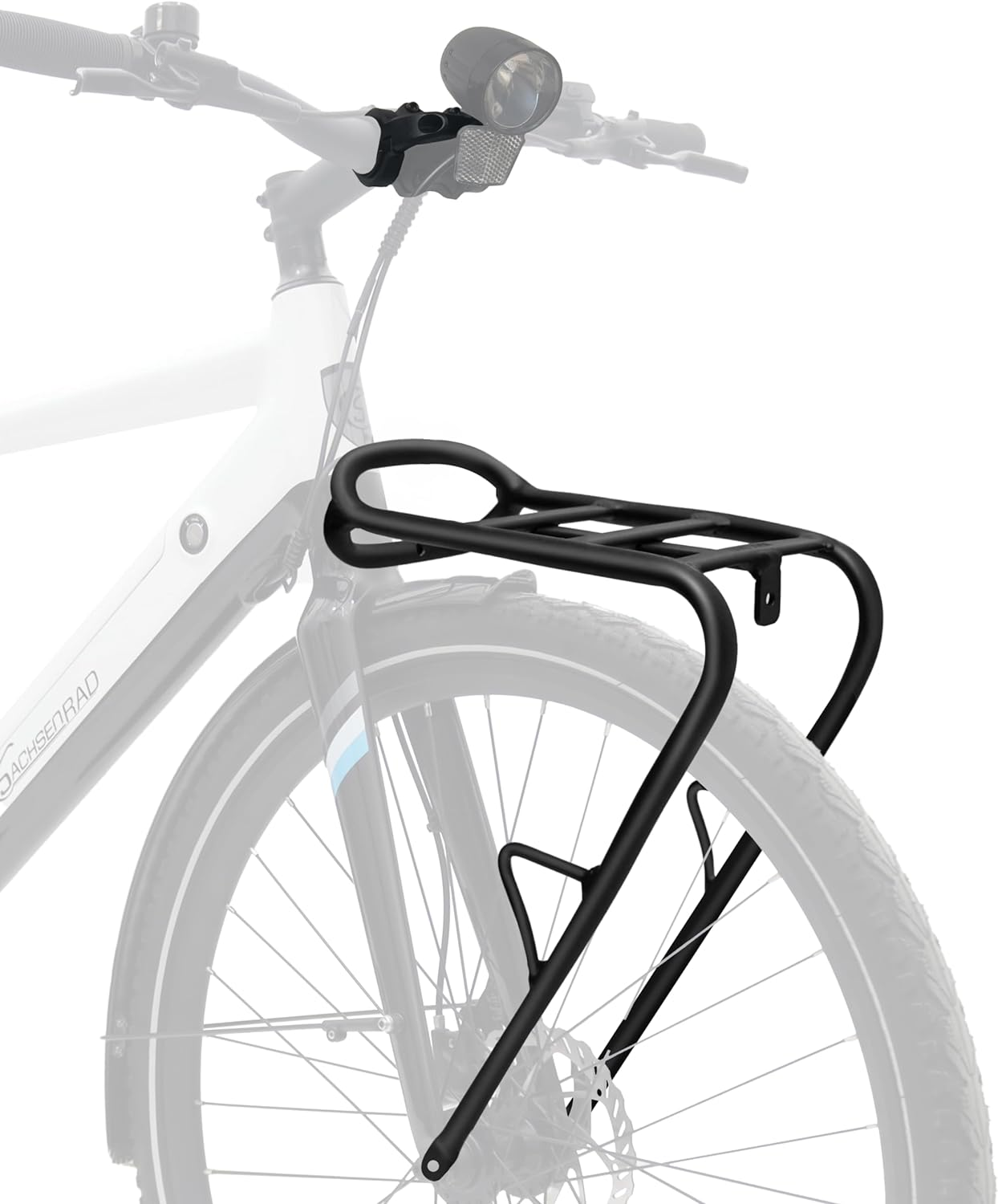 Ein schwarzer Fahrradgepäckträger, der an einem Fahrrad montiert ist. Der Träger befindet sich über dem Vorderrad und dem Scheinwerfer.