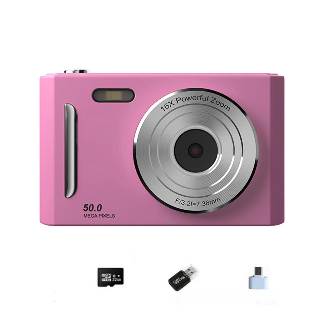 Rosa Digitalkamera mit silbernem Objektiv und Blitz. 16x Zoom und 50.0 Megapixel. Zubehör darunter.