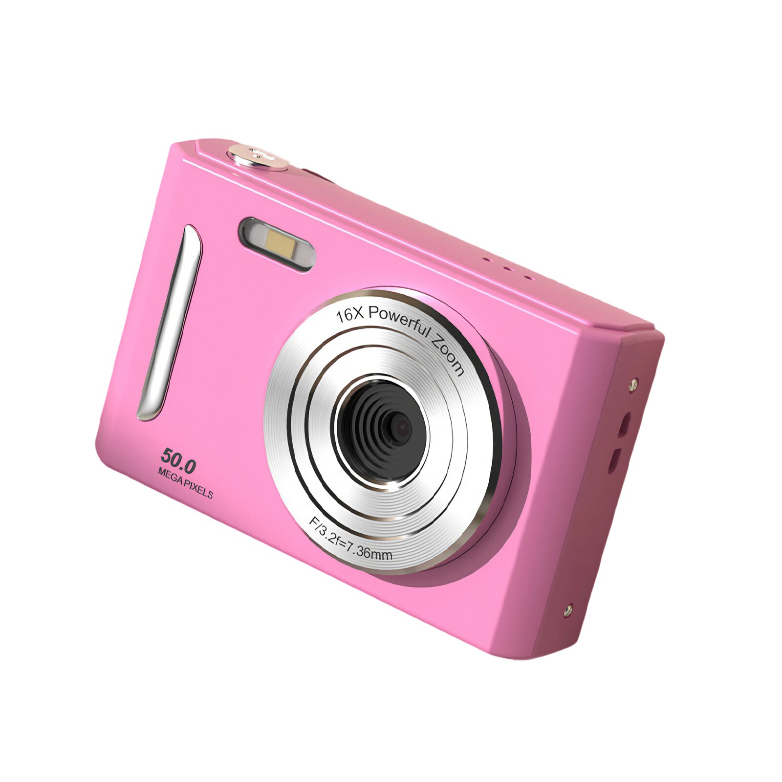 Rosa Digitalkamera abgewinkelt. Silbernes Objektiv und Blitz sichtbar. 16x Zoom und 50.0 Megapixel.