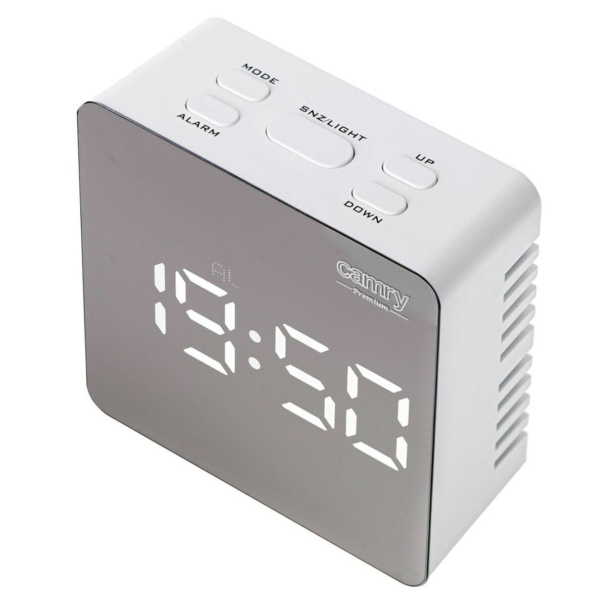 Ein weißer quadratischer Wecker zeigt '19:50'. Er hat Knöpfe für Modus, Alarm, Schlummer/Licht, hoch und runter.