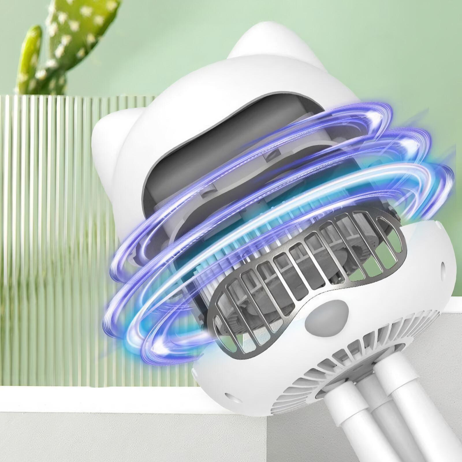 Weißer katzenförmiger Ventilator mit blauen Energiewellen, die das Innenleben zeigen.