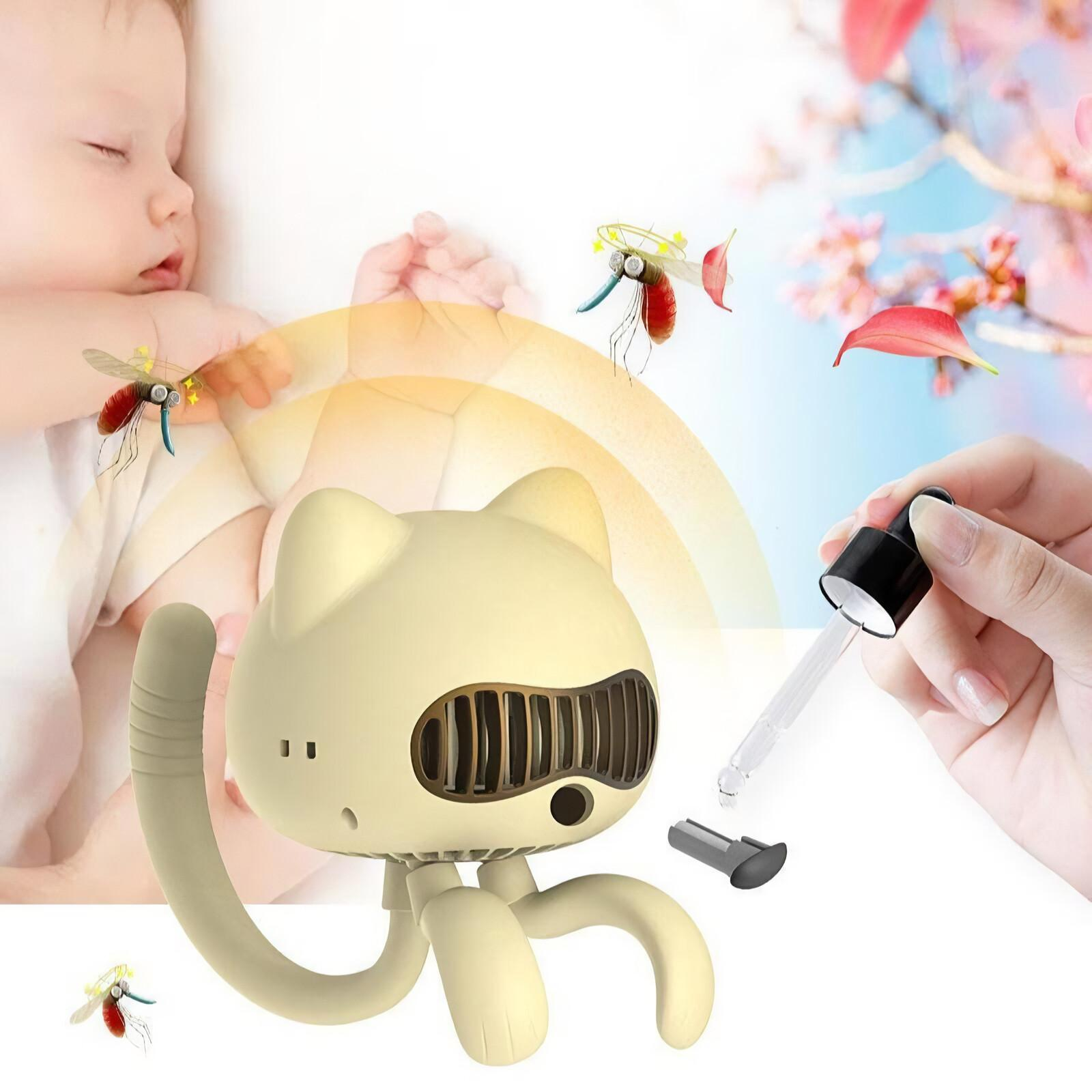 Gelber katzenförmiger Ventilator, Mücken, ein schlafendes Baby und eine Hand mit einer Pipette.