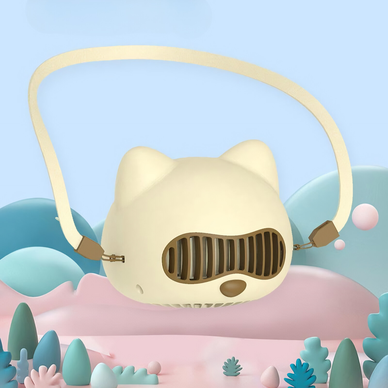 Cremefarbener katzenförmiger Ventilator mit Riemen, braunen Details und blauem/rosa Hintergrund.