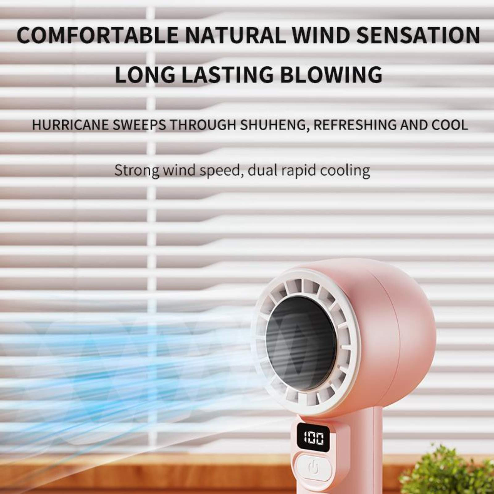 Ein rosa Handventilator, der Luft bläst. Text lautet: 'Angenehmes natürliches Windgefühl, langanhaltendes Blasen'.