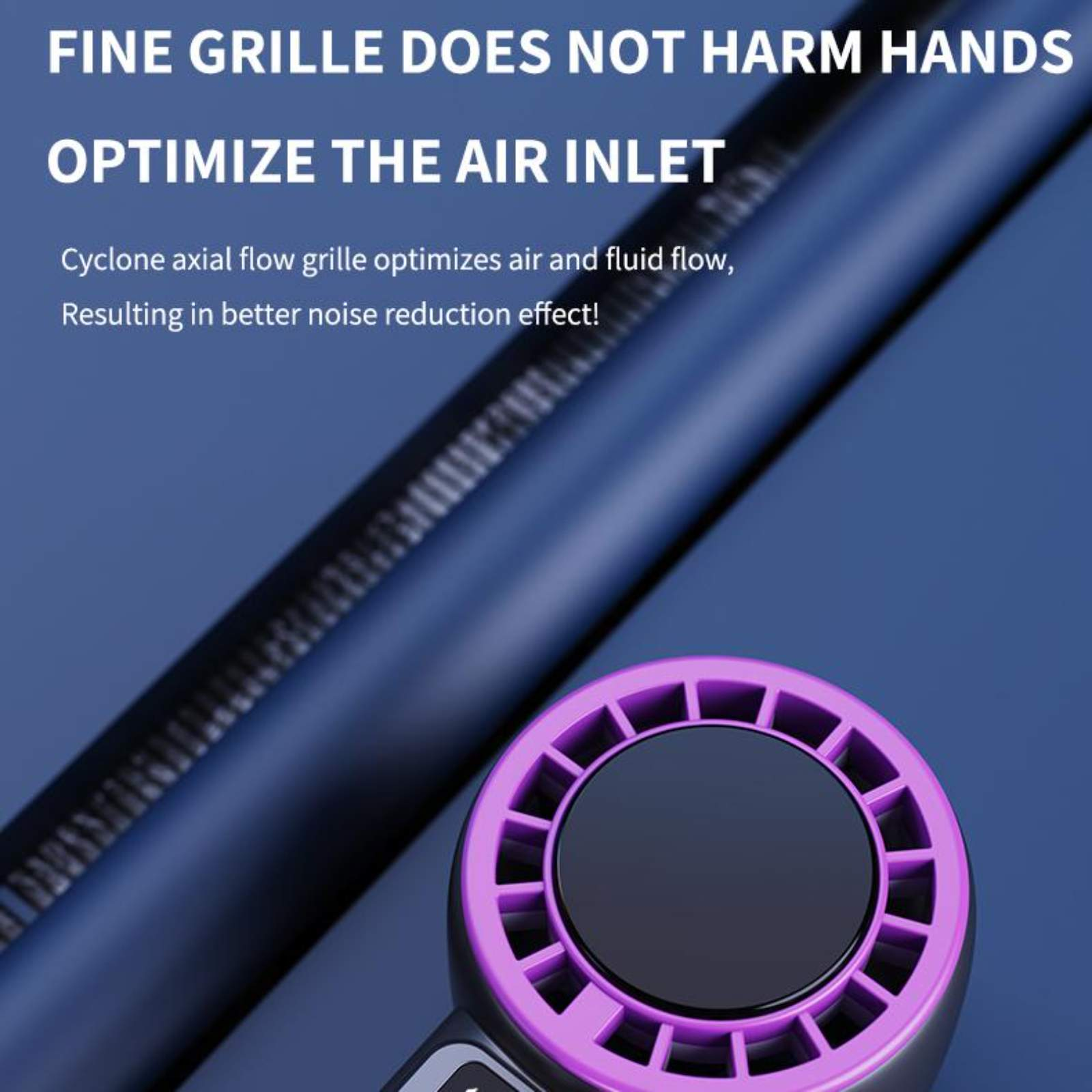 Nahaufnahme eines Ventilators. Lila und schwarz. Der Text lautet 'feines Gitter schadet den Händen nicht' und 'Lufteinlass optimieren'.