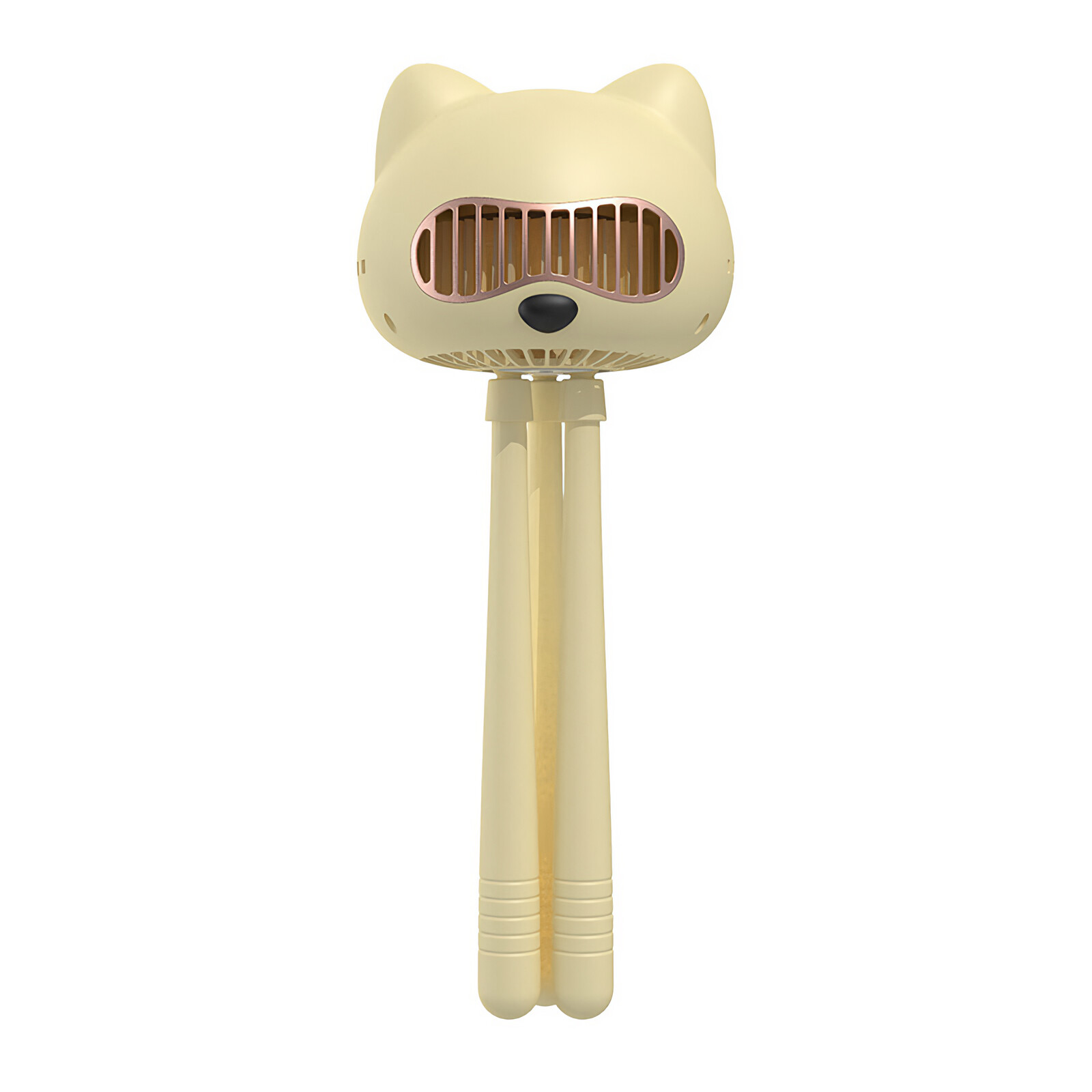 Ein beigefarbener katzenförmiger Ventilator mit Beinen. Der Ventilator ist vertikal, mit einem Ständer und drei Beinen.