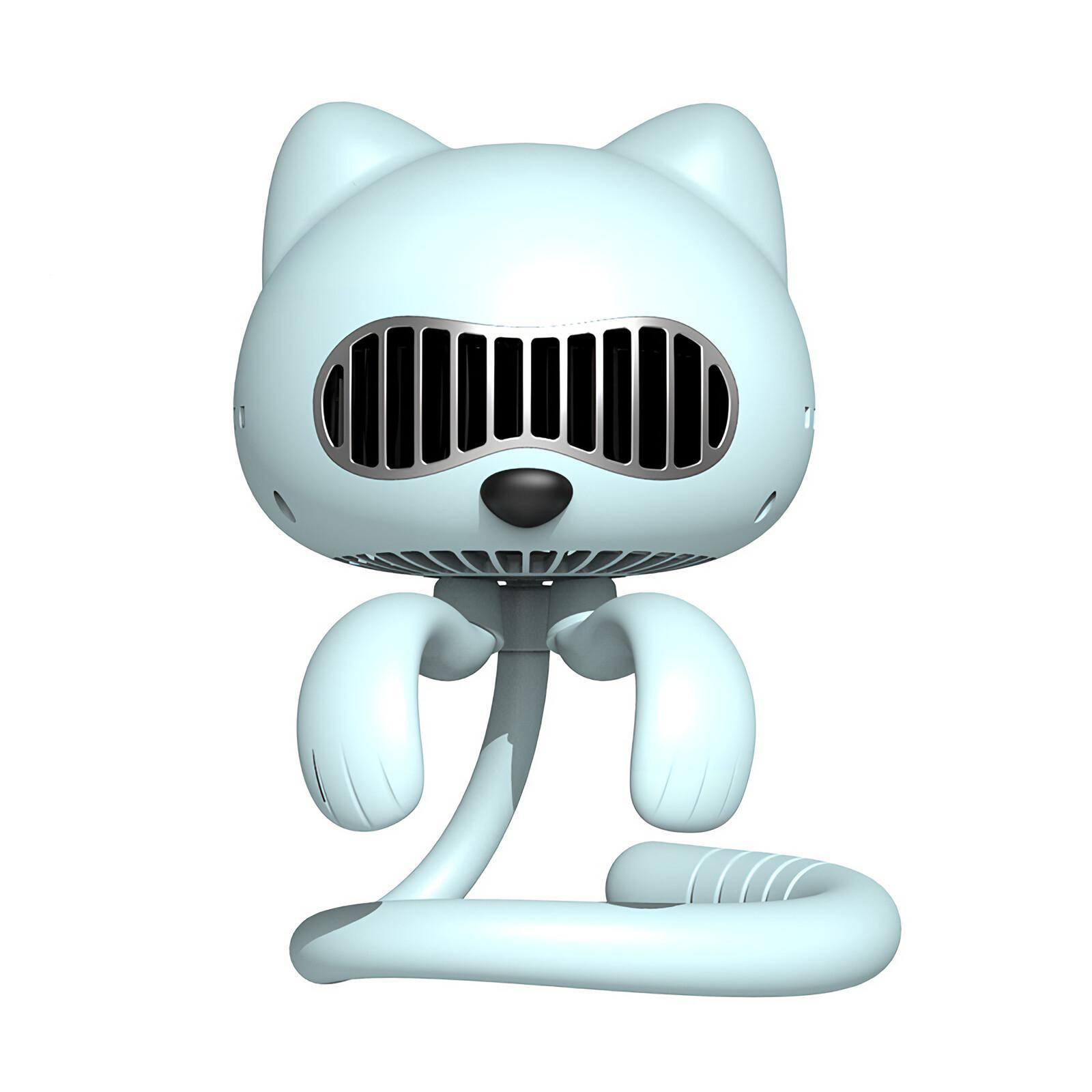Ein hellblauer, katzenförmiger Ventilator. Er hat eine schwarze Nase, silbernes Gitter und zwei gebogene Beine. Der Schwanz ist gebogen.