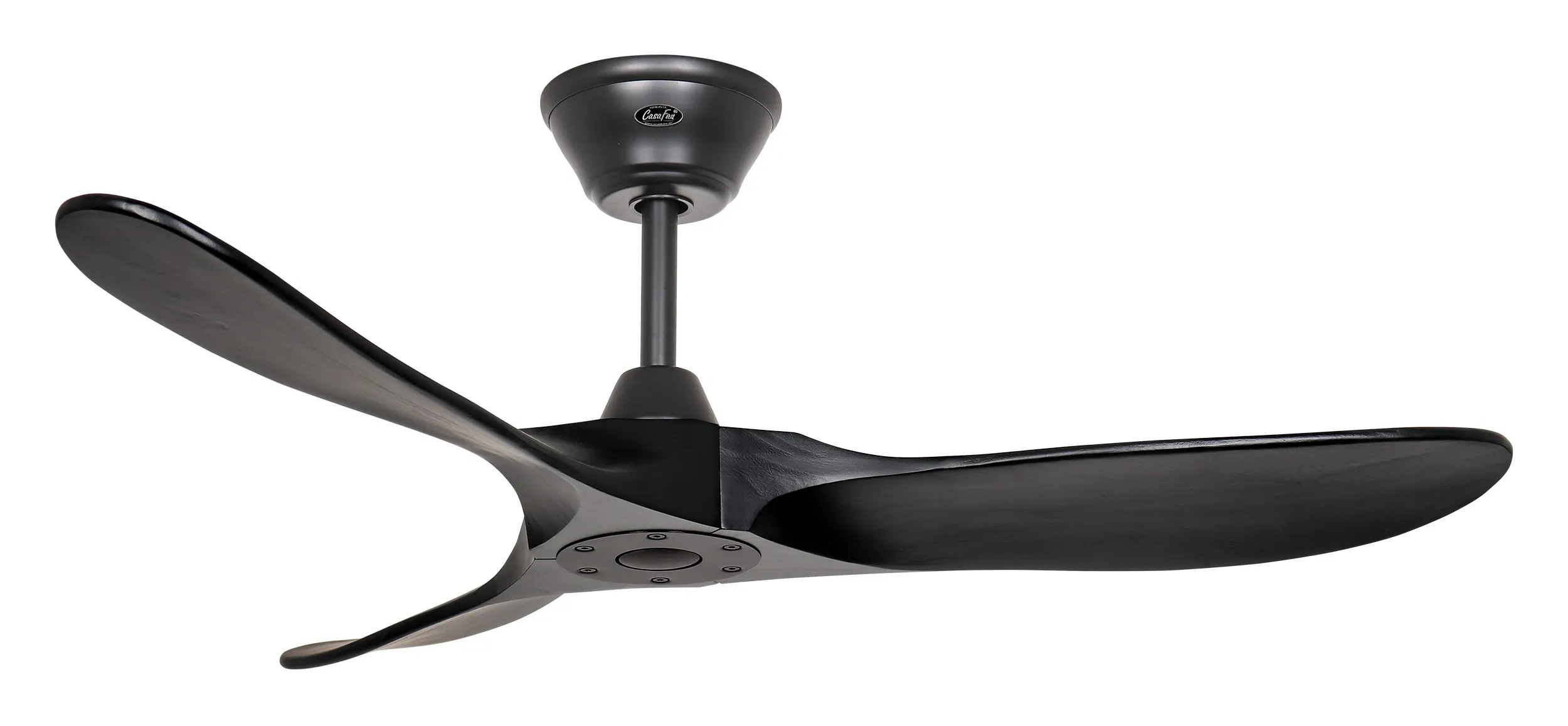 Ventilatore da soffitto nero con tre pale. L'alloggiamento del motore e le pale sono neri.