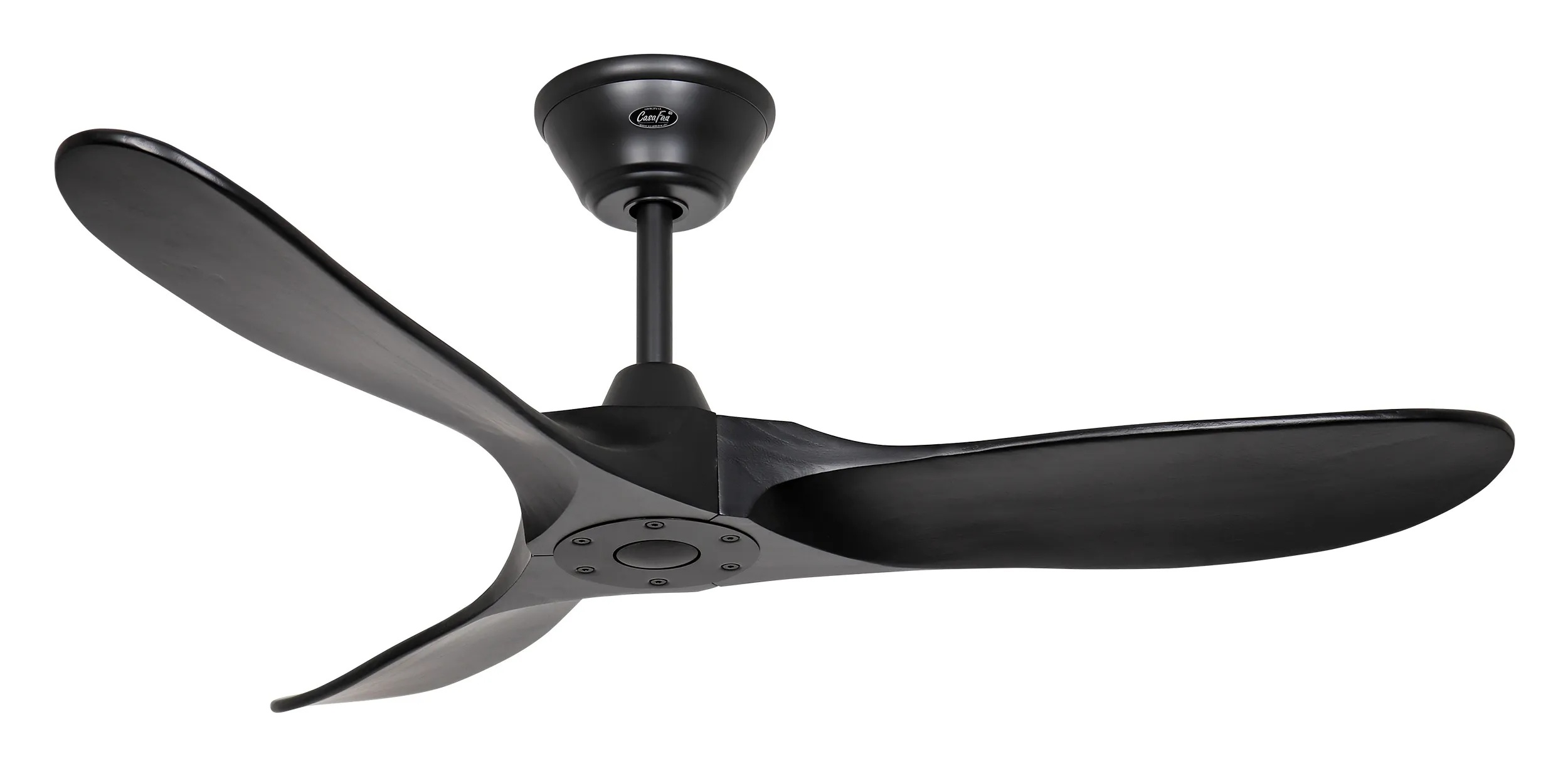 Ventilatore da soffitto nero con tre pale. Le pale e l'alloggiamento del motore sono neri.